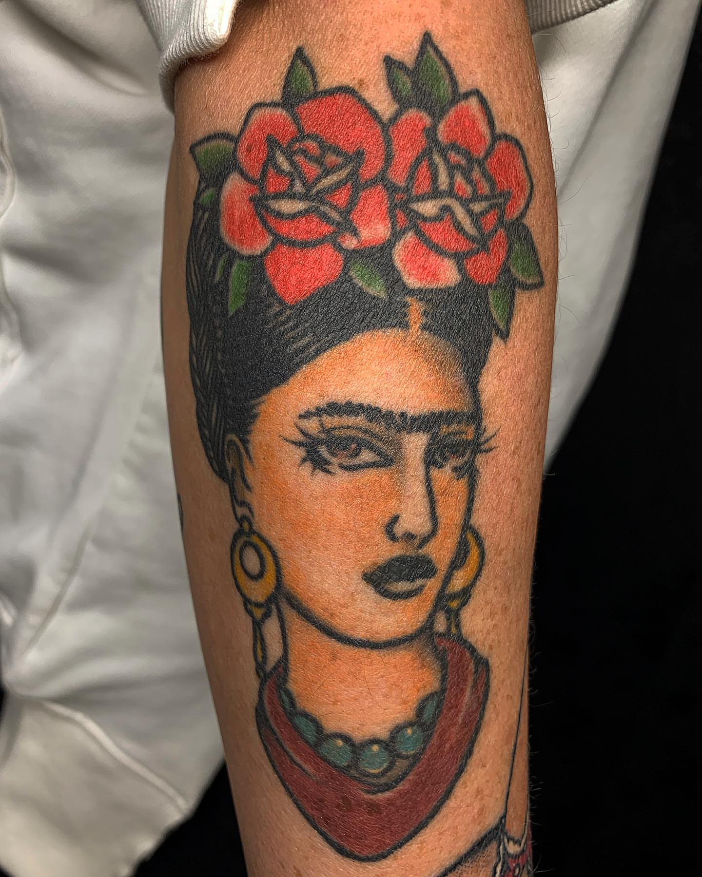 Frida Kahlo portrait American traditional tattoo on the forearm by Brii Moser