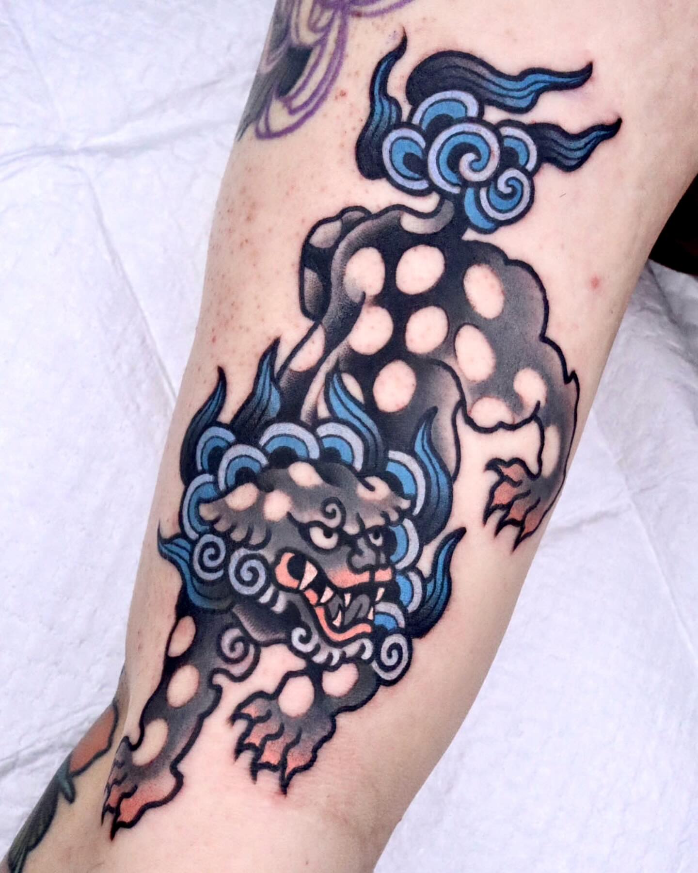 Mythical creature American traditional tattoo on the forearm by 부산타투