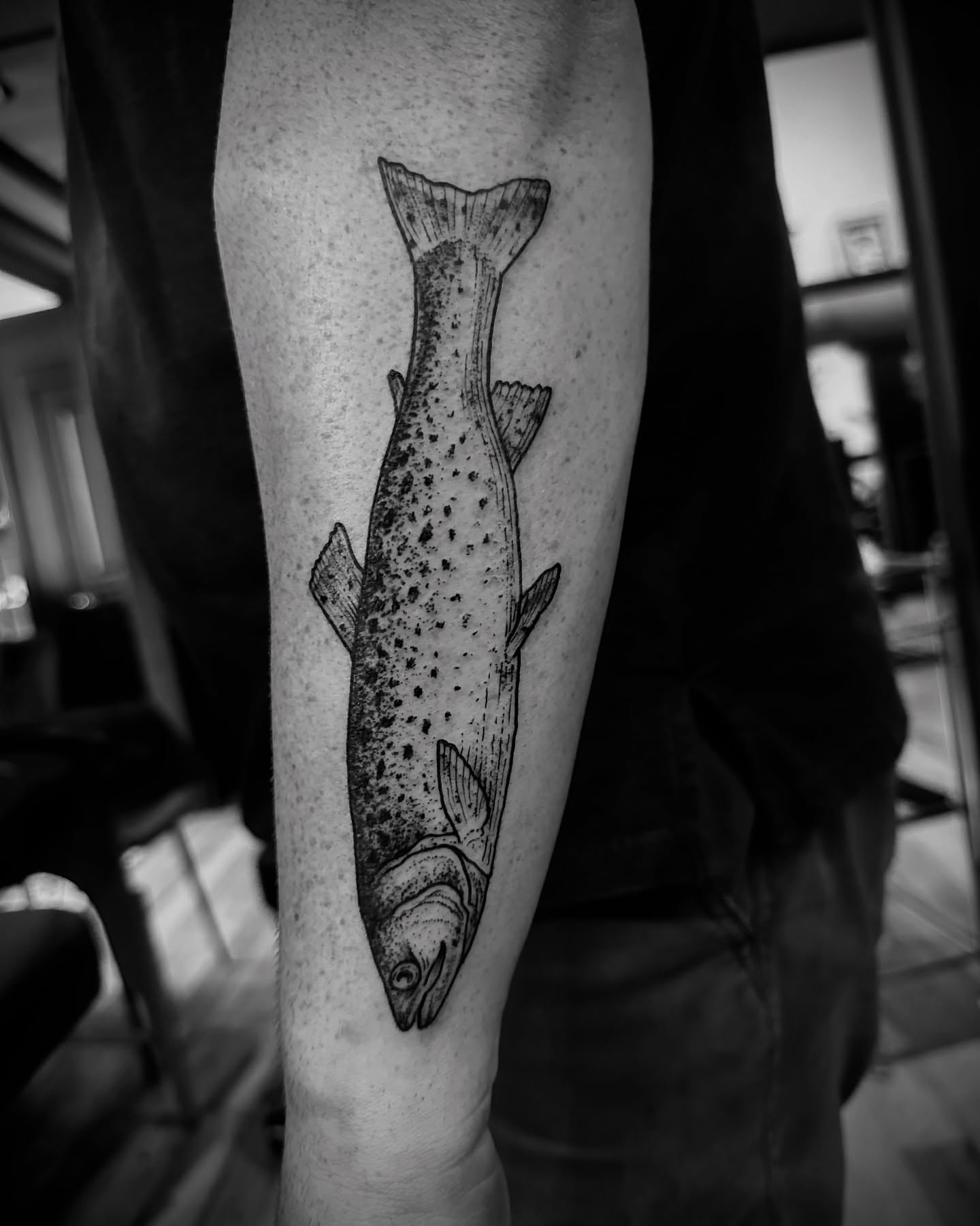 Trout dotwork tattoo on the forearm by Desireé Keys, Midvale, Utah