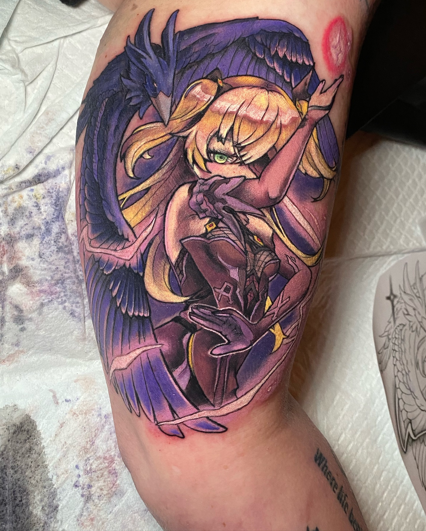 Anime character anime tattoo on the thigh by Tattertot