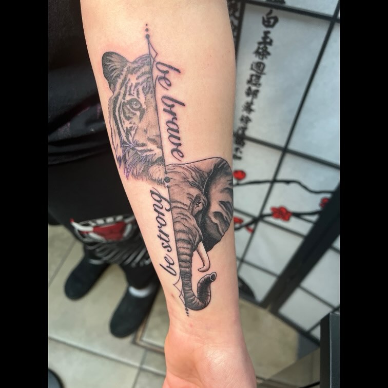 Be brave be strong dotwork tattoo on the forearm by Ali, Cedar Rapids, Iowa