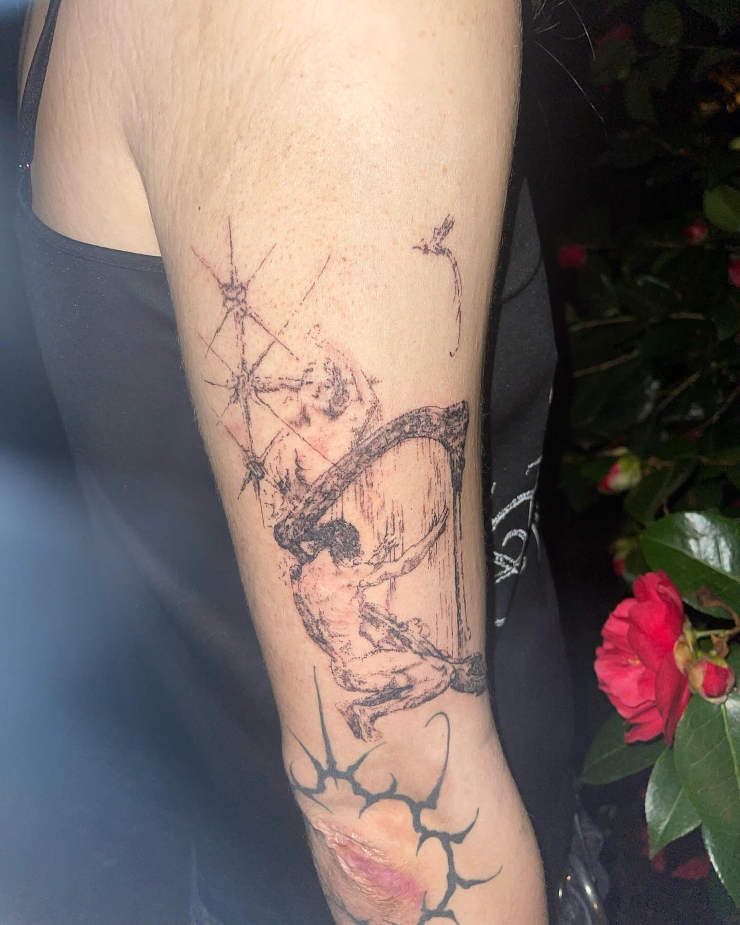 Religious crucifixion scene realism tattoo on the forearm by @initiationoftorture