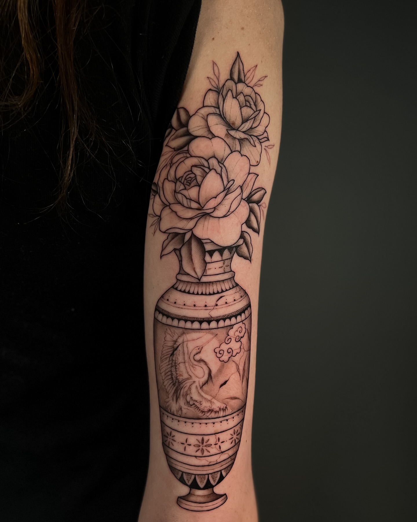 Vase with roses black and grey tattoo on the forearm by π΄πππ