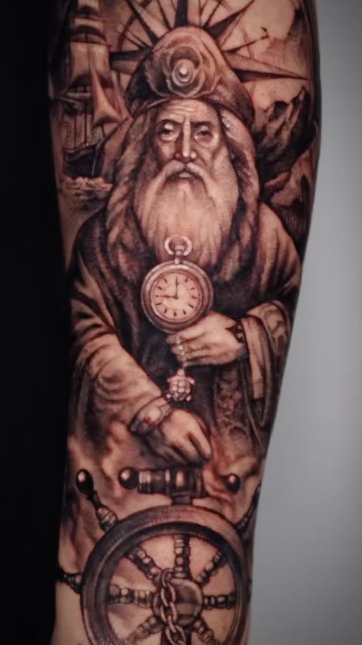 Old man with compass and anchor realism tattoo by Tattoo Artist Miami & la, Hollywood, Florida