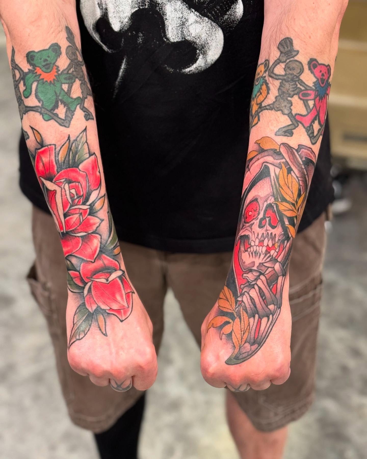 Roses and skull American traditional tattoo on the forearm by Jay Espinoza-AZ Tattooer