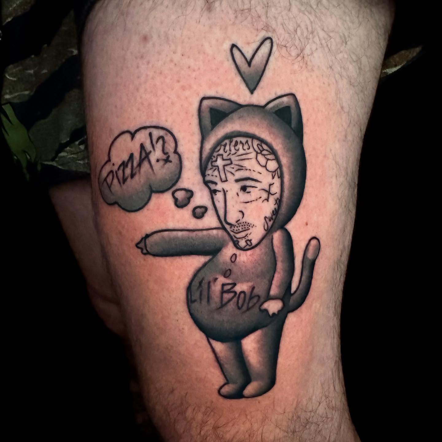 Cat with human face black and grey tattoo on the forearm by Sweets, Nashville, Tennessee