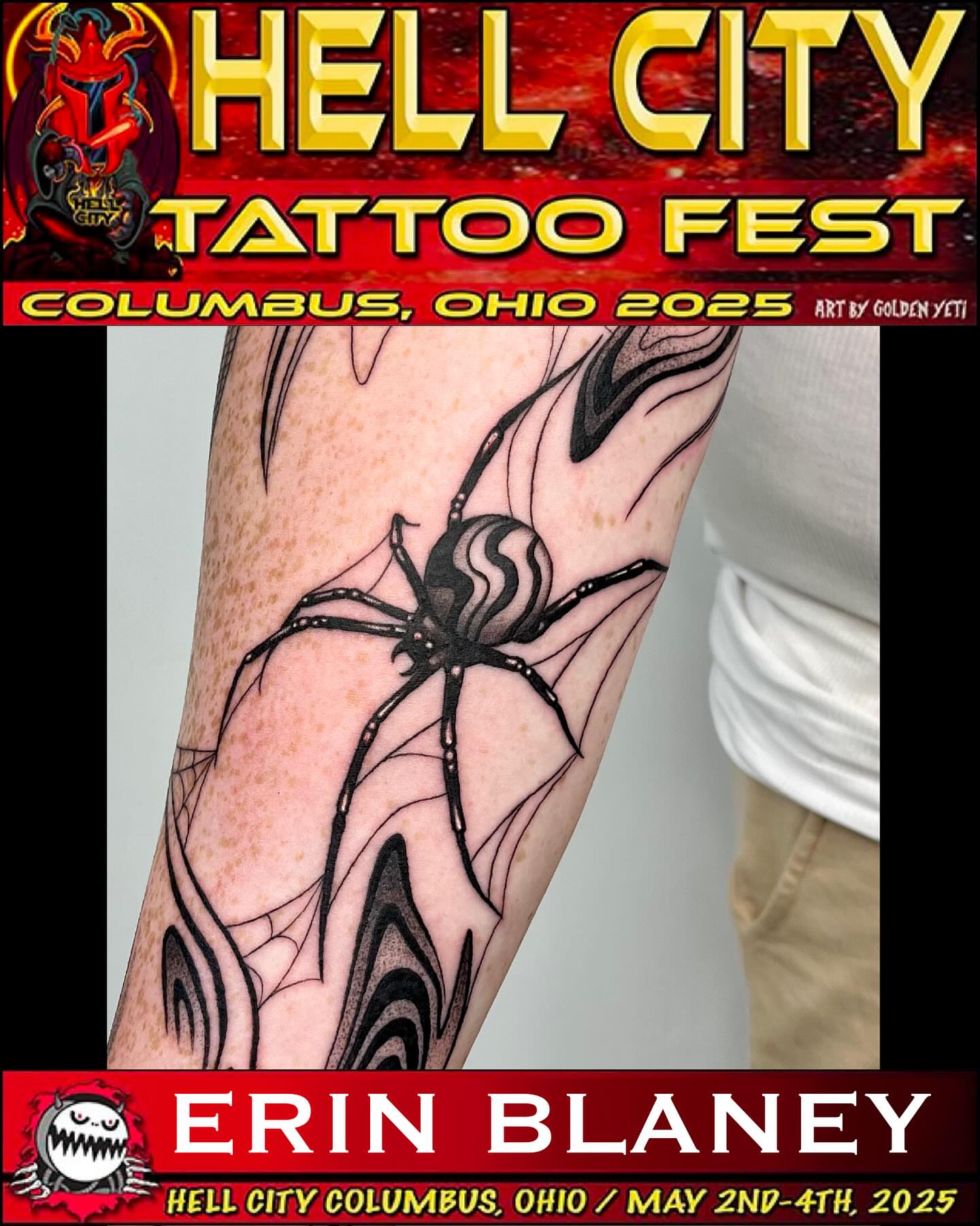 Spider blackwork tattoo on the forearm by Erin Blaney