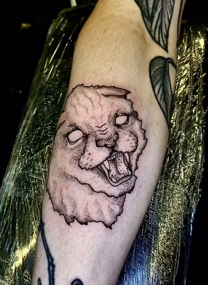 Creepy cat head dark realism tattoo by Tyla Pistak, Seattle, Washington