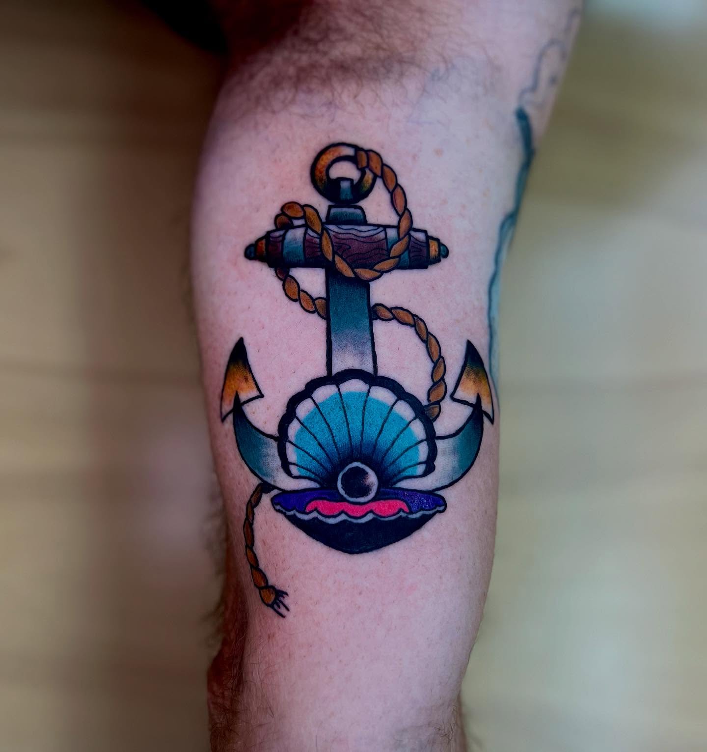 Anchor and shell American traditional tattoo on the forearm by Ashley Fino, Las Vegas, Nevada