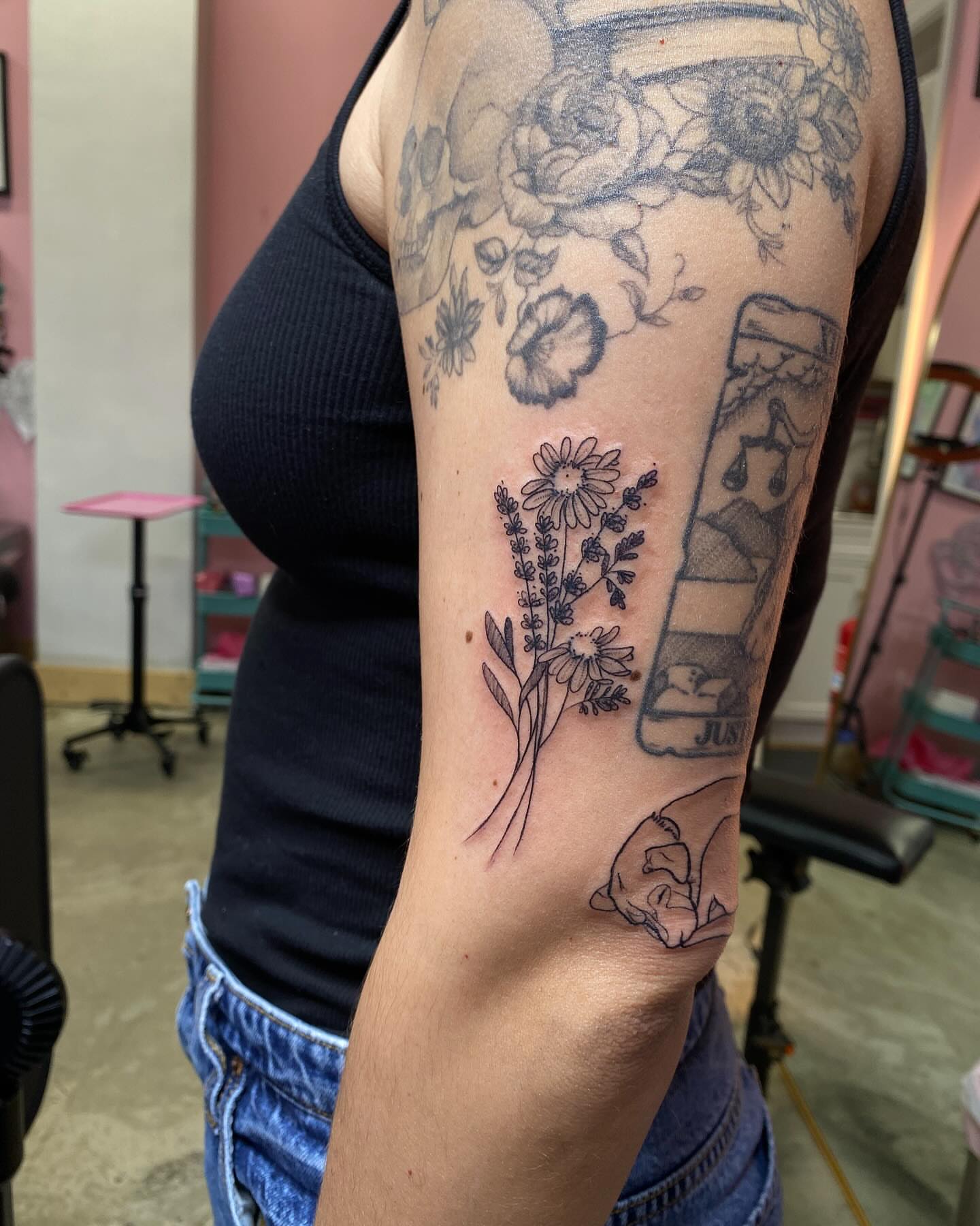 Flowers and herbs black and grey tattoo on the forearm by @kaitlin.tattoos, Richmond, Virginia