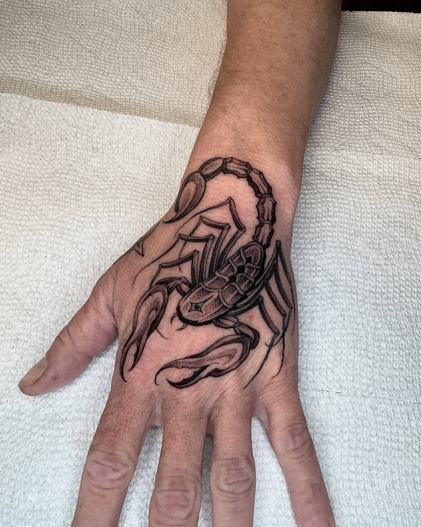 Scorpion black and grey tattoo on the hand by Las Vegas Tattoo Artist