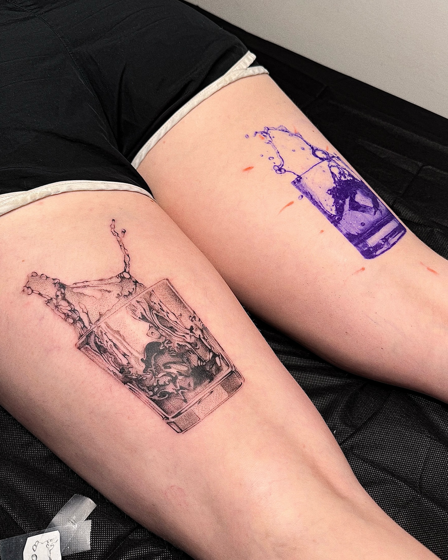 Broken bottle dotwork tattoo on the thigh by Jenni Palomaa