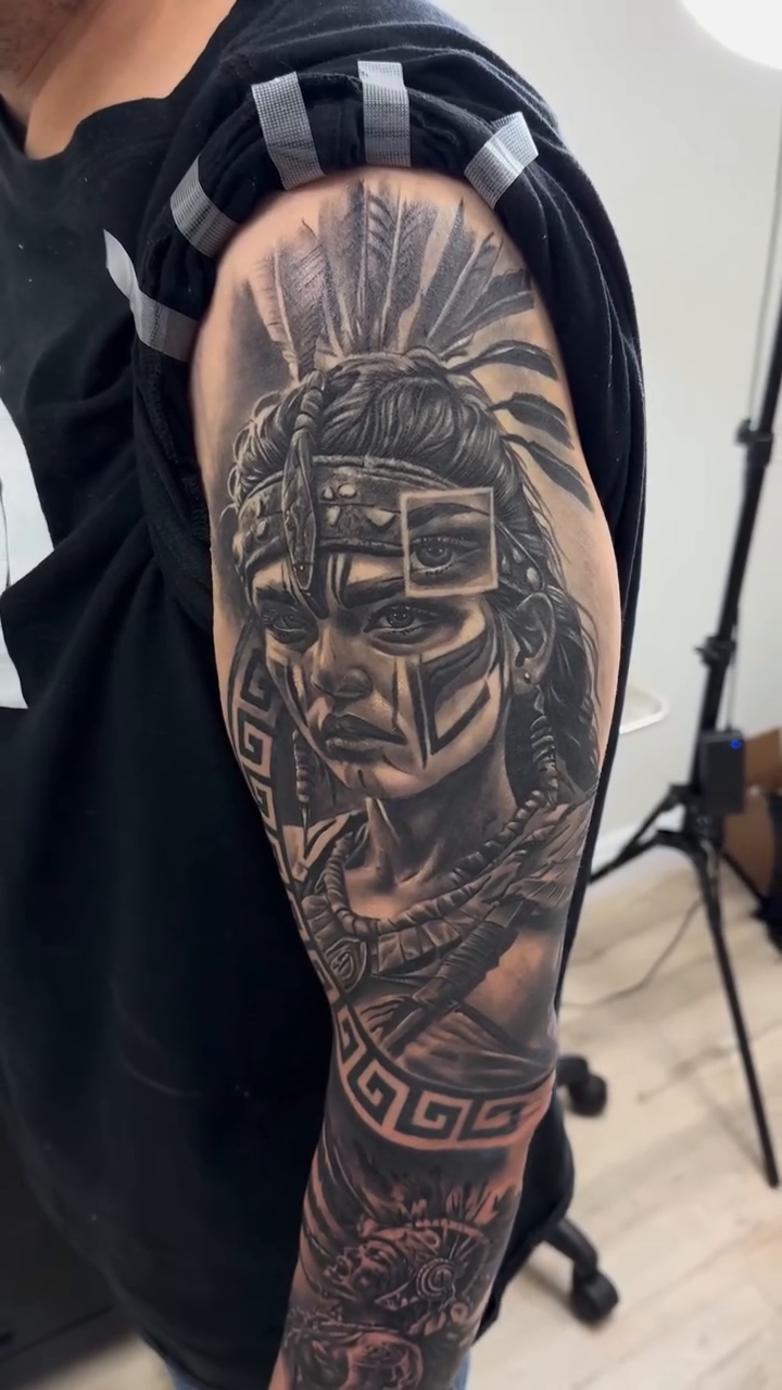Native American warrior portrait realism tattoo by Tattoos By Kique