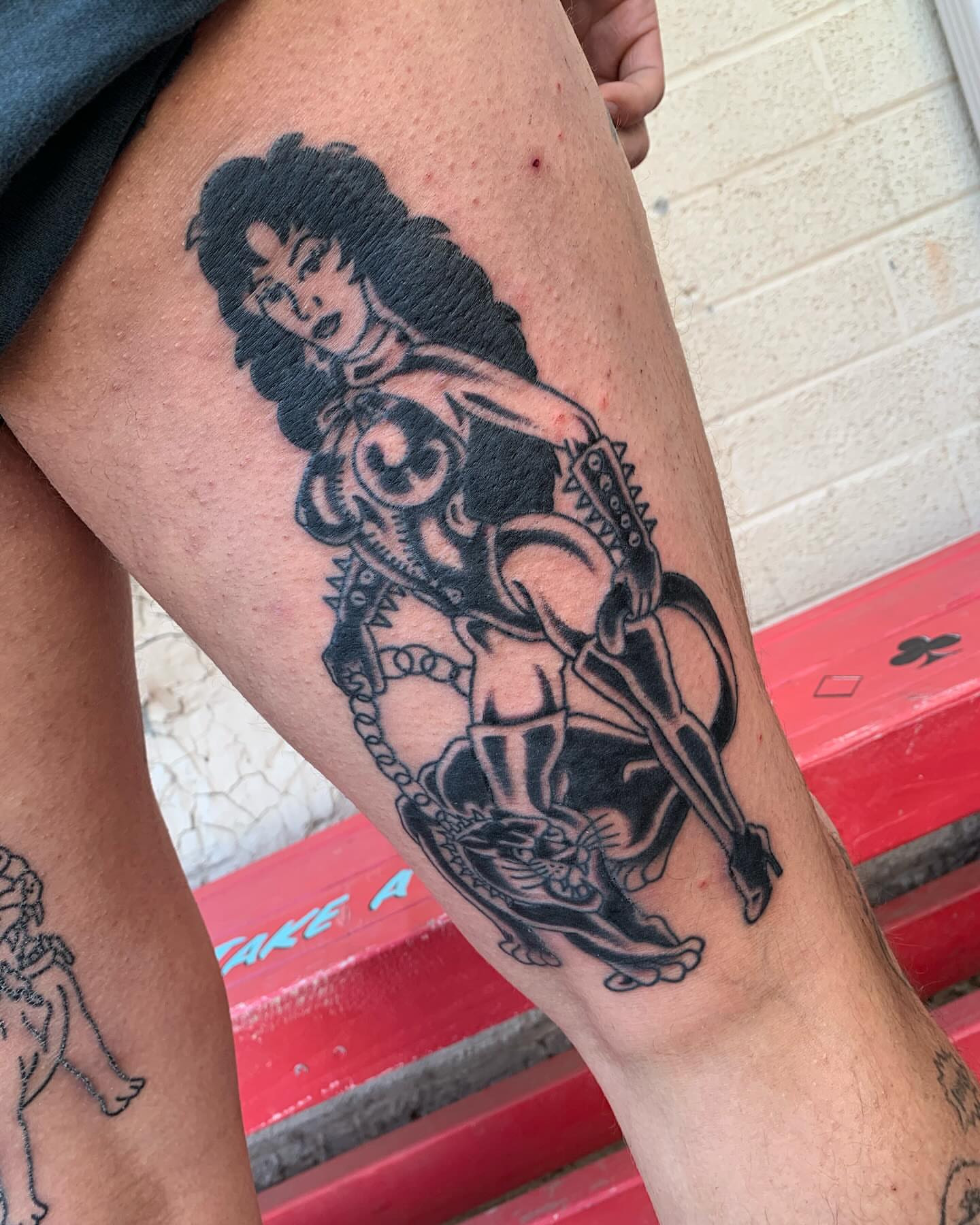 Woman riding horse American traditional tattoo on the thigh by Chrissie
