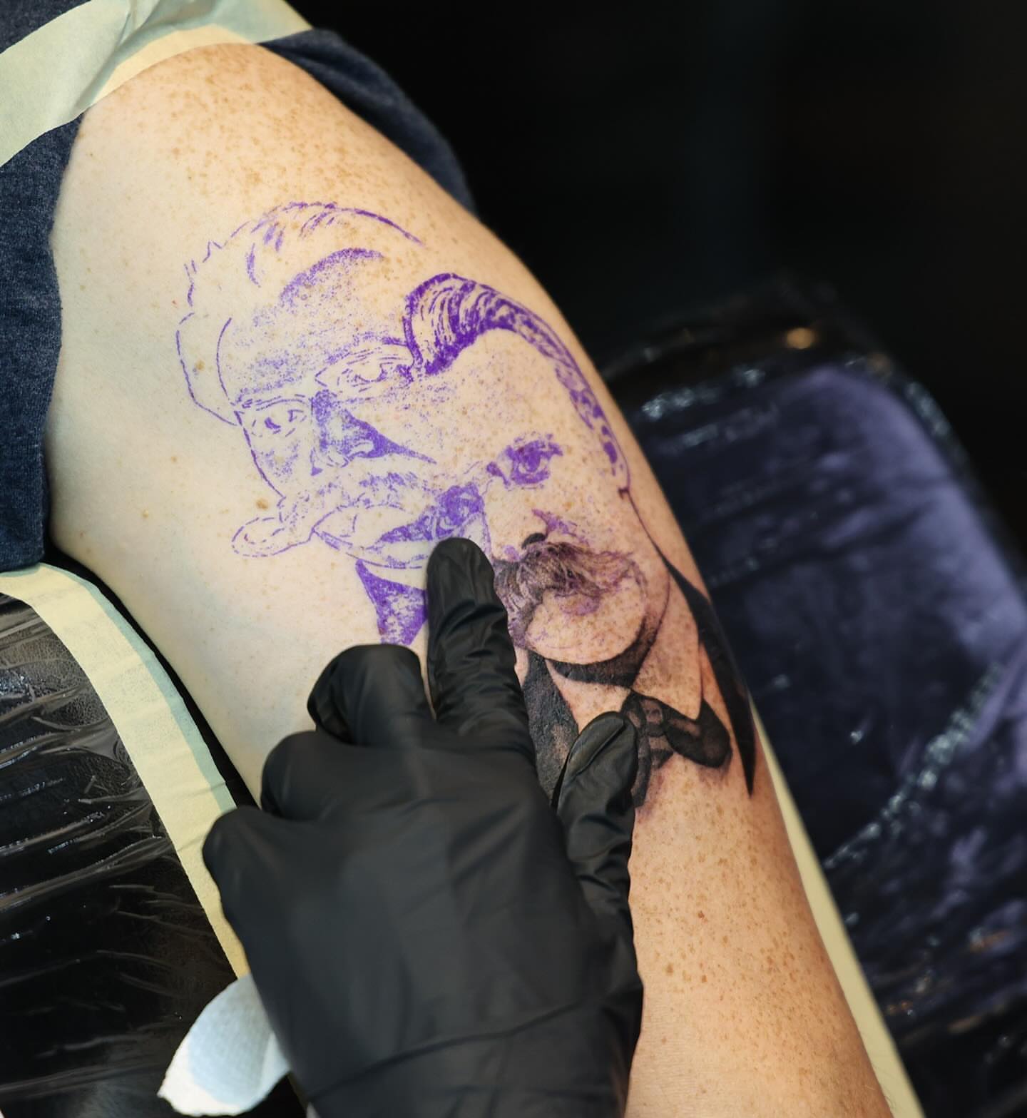 Portrait realism tattoo on the upper arm by Mandi Marie, Charlotte, North Carolina