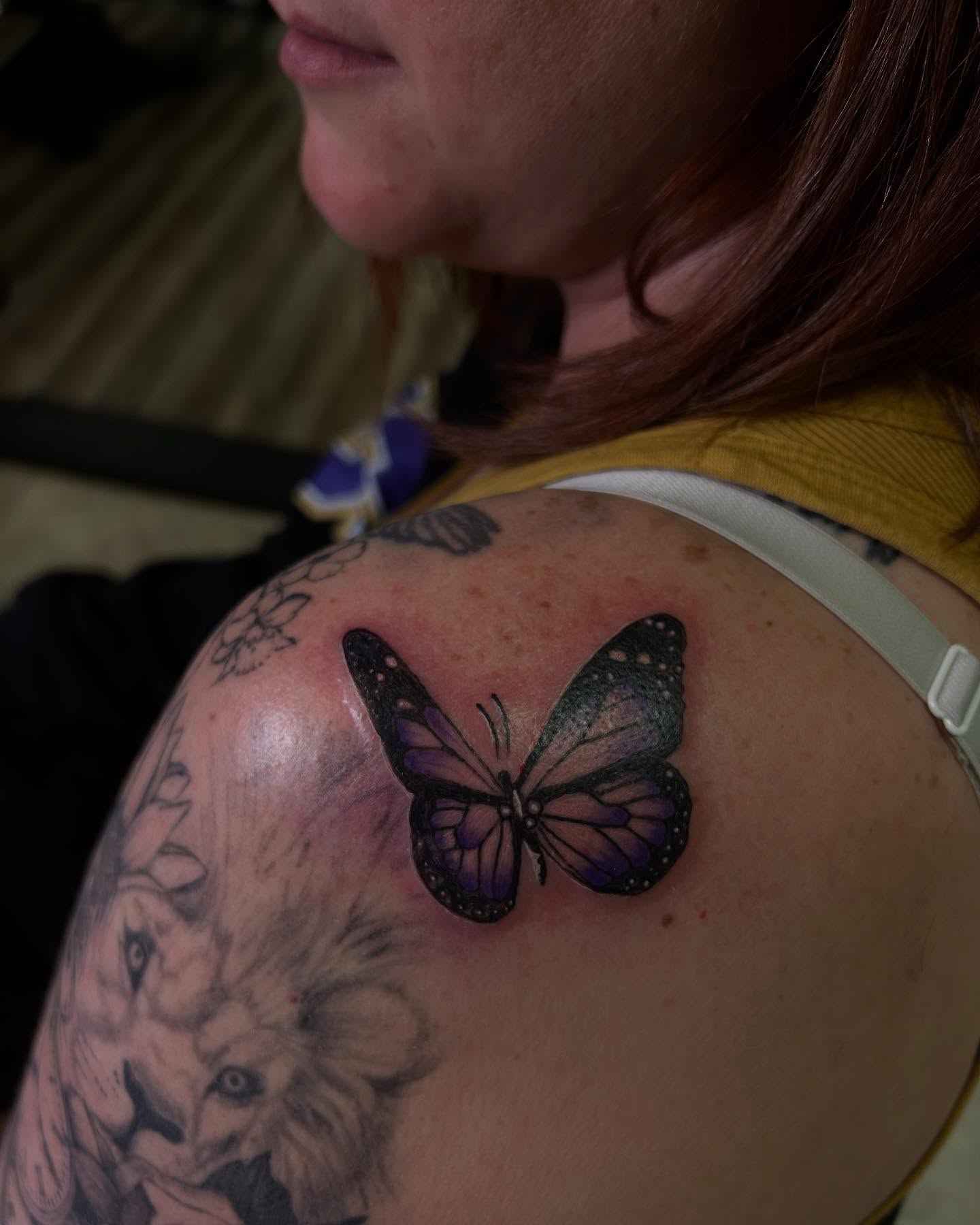 Butterfly realism tattoo on the shoulder by Victoria Mendez