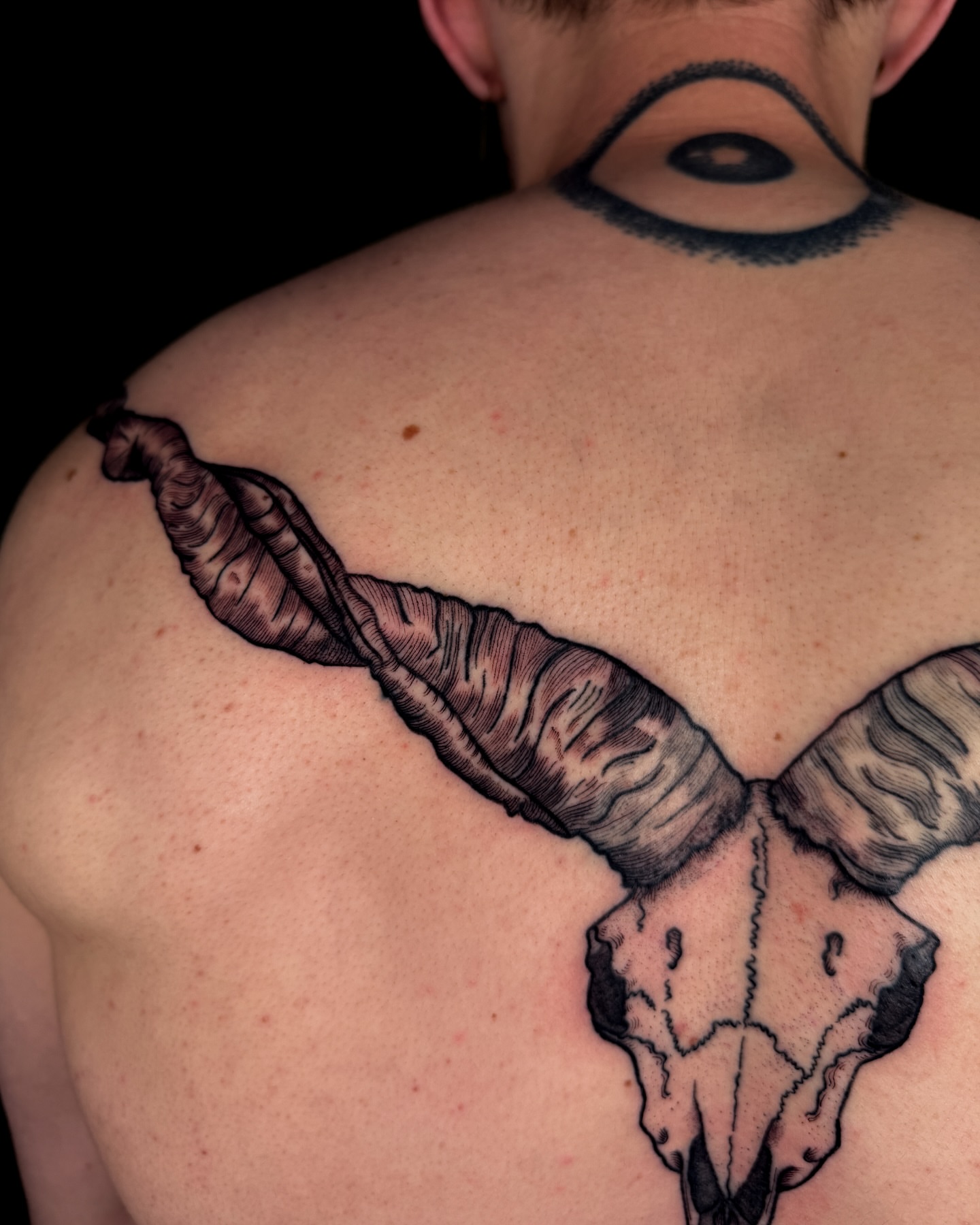 Ram skull black and grey tattoo on the back by Zella Mäkelä