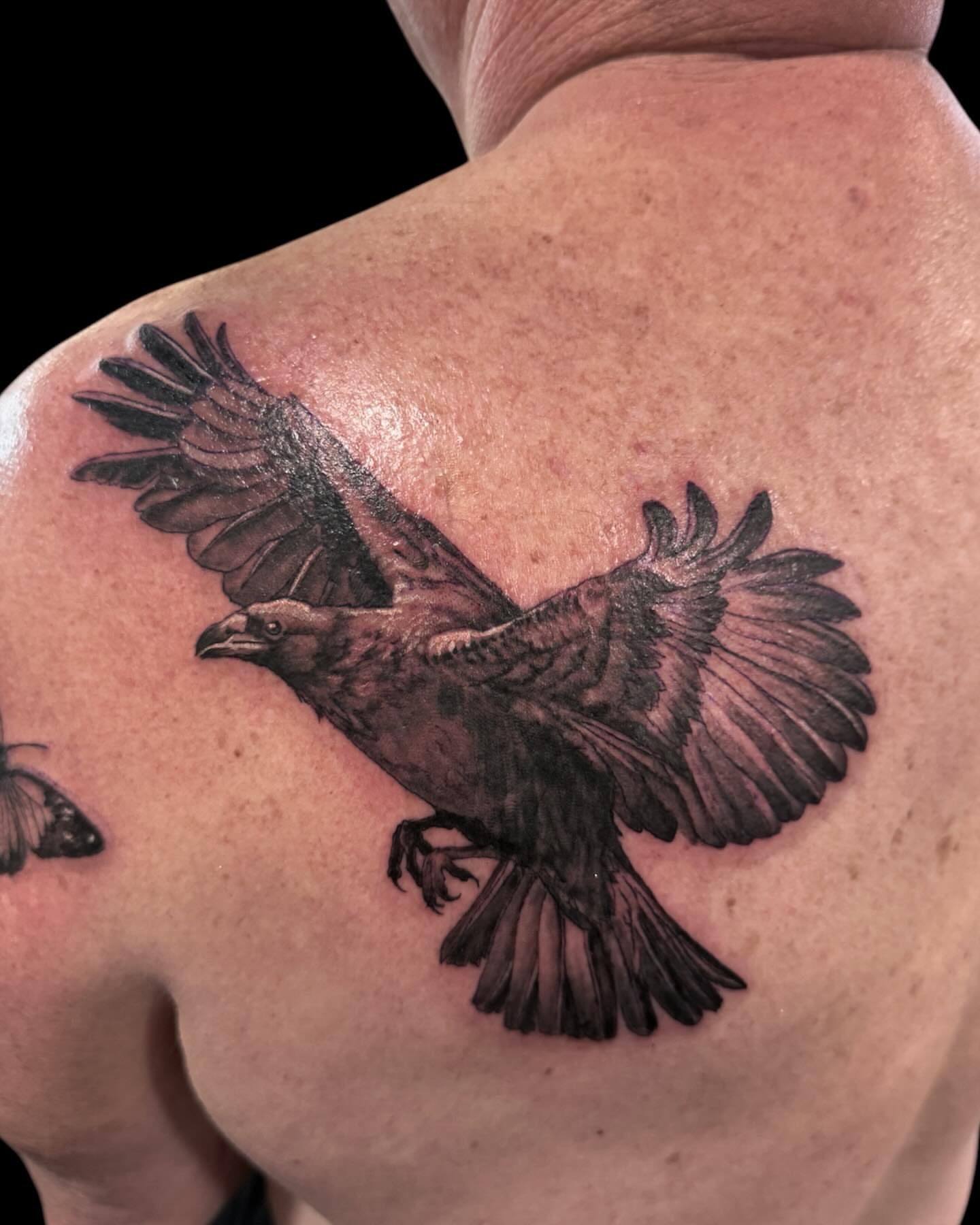 Raven realism tattoo on the shoulder by Brennan Walker, Orem, Utah