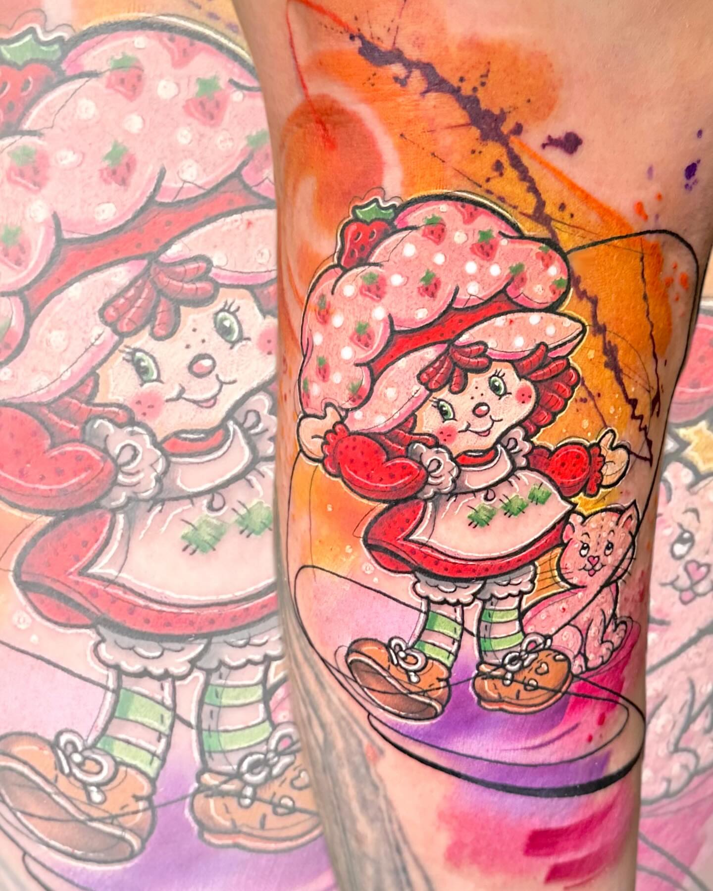 Strawberry shortcake illustrative tattoo on the forearm by Alena Petunia