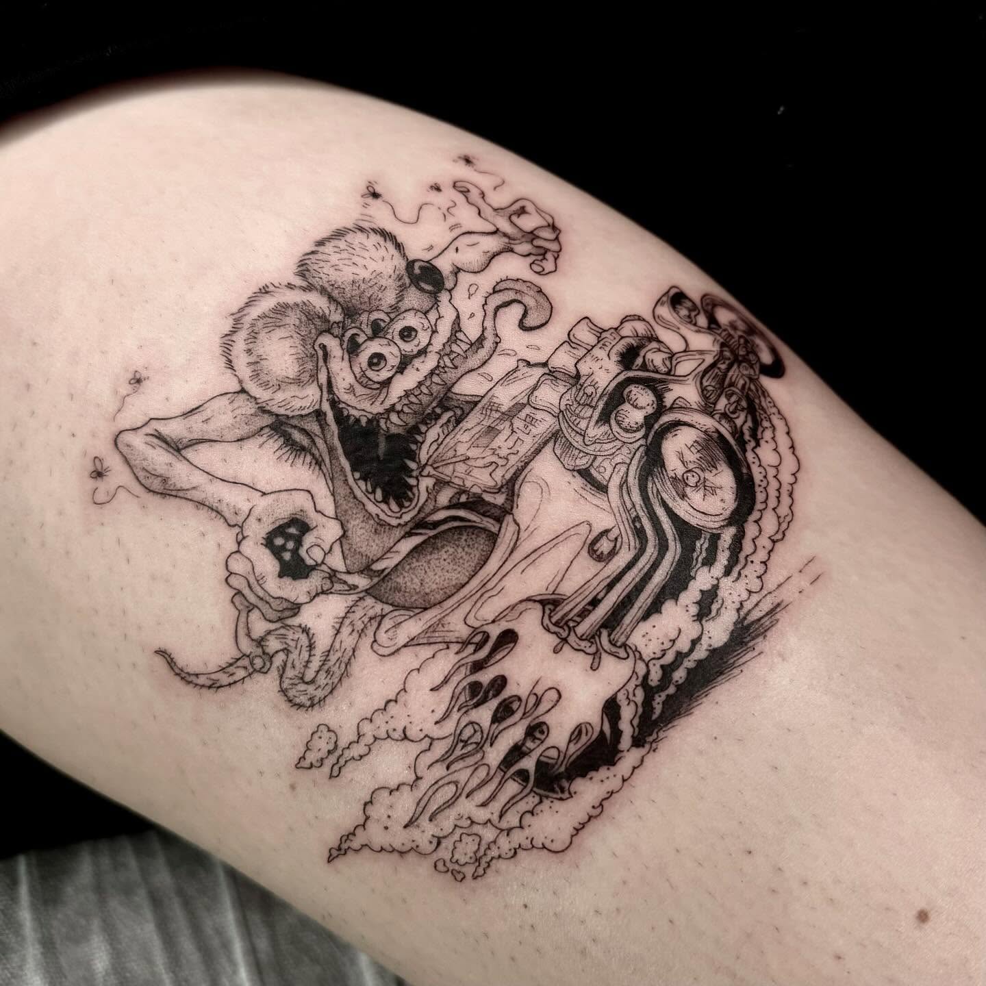 Monkey riding motorcycle realism tattoo on the upper arm by taline