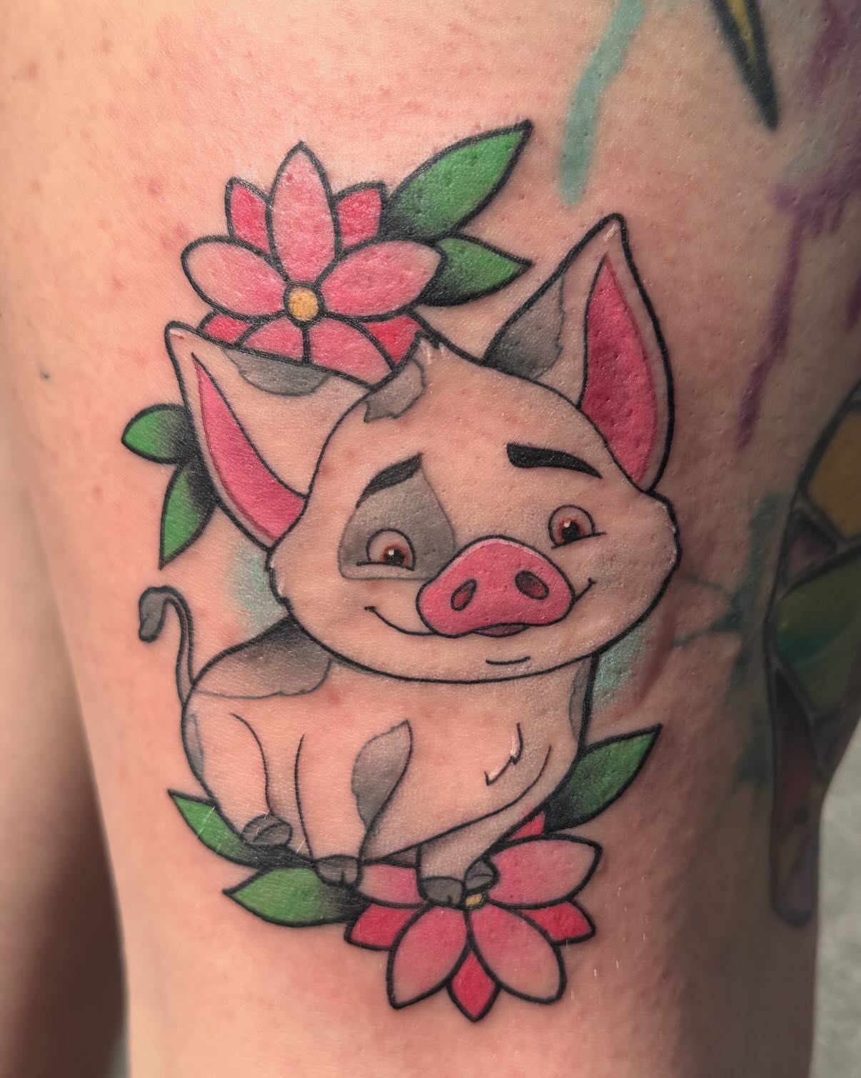Pig with flowers new school tattoo on the thigh by Brad Sterling