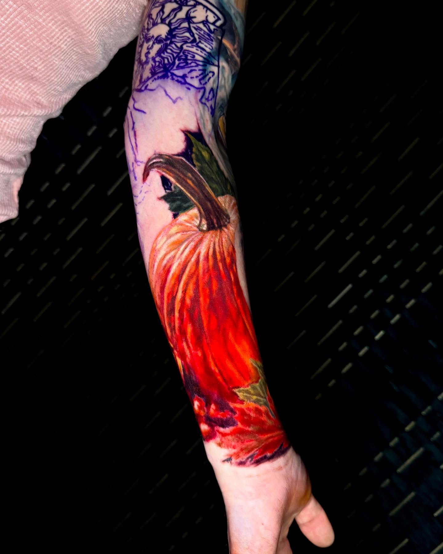 Pumpkin realism tattoo on the forearm by Amber Joy (AJ)