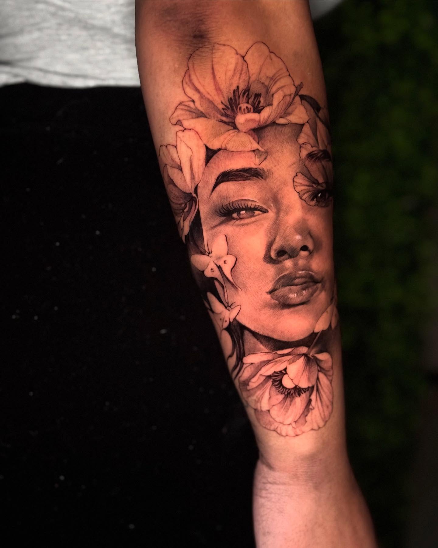 Floral portrait realism tattoo on the forearm by Sena Sim 🇰🇭, Worcester, Massachusetts
