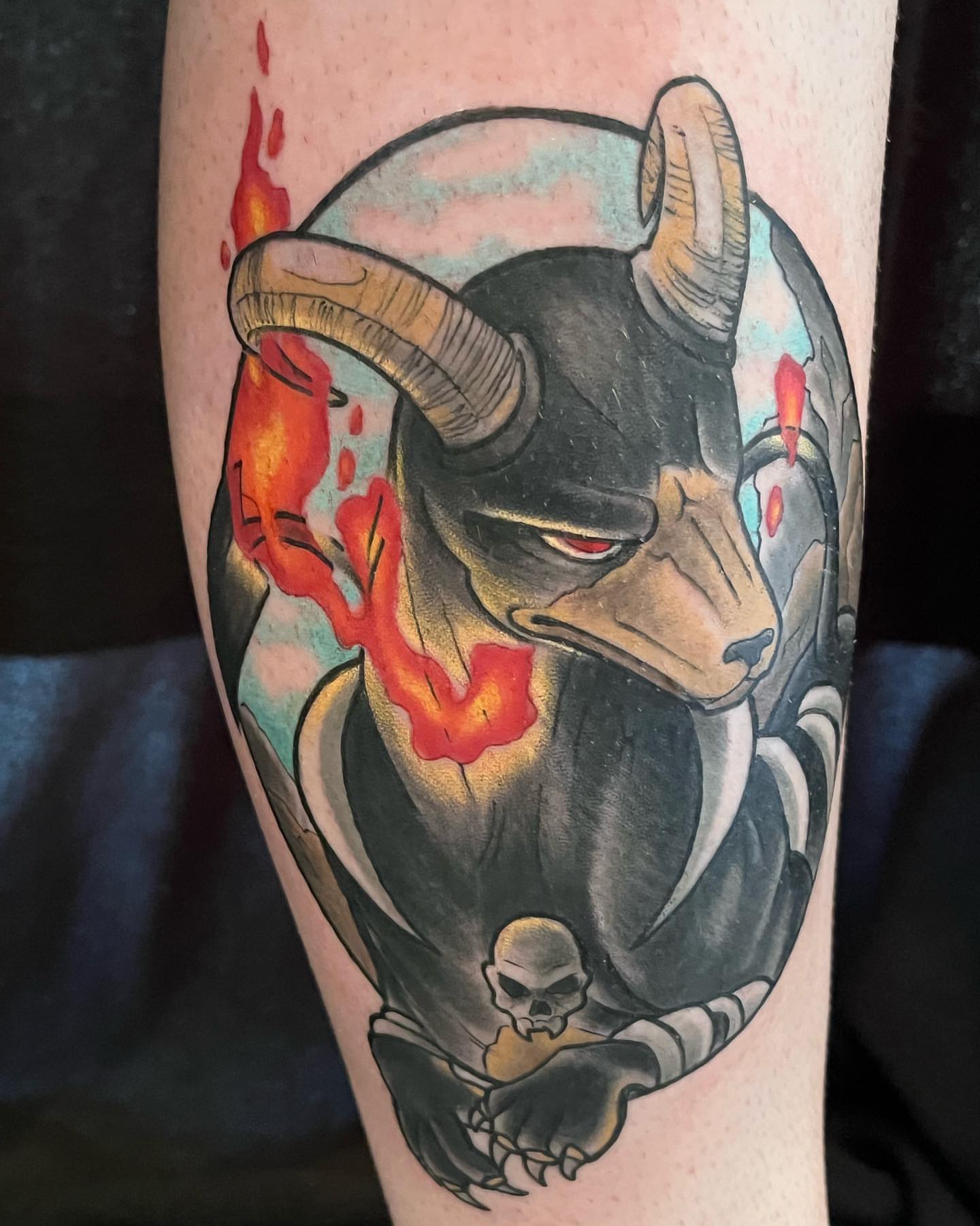 Bull head American traditional tattoo on the forearm by Erick Campion