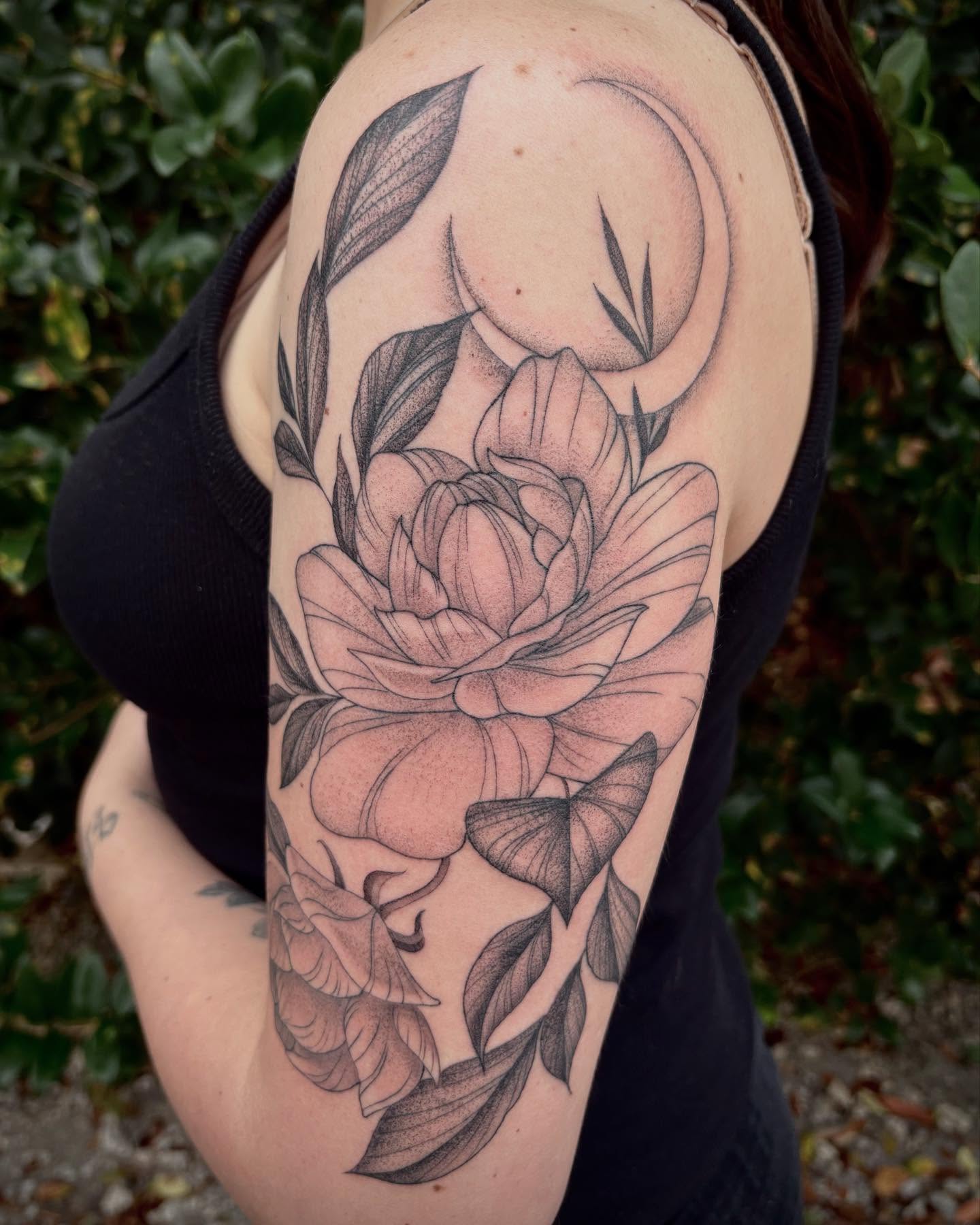 Peony and moon dotwork tattoo on the shoulder by Miami Tattoo Artist π Mel Carrasco