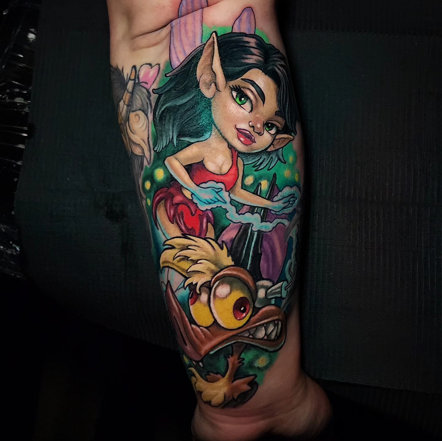 Elf and dragon new school tattoo on the forearm by Chicago Tattoo Artist New School Tattoos, Naperville, Illinois