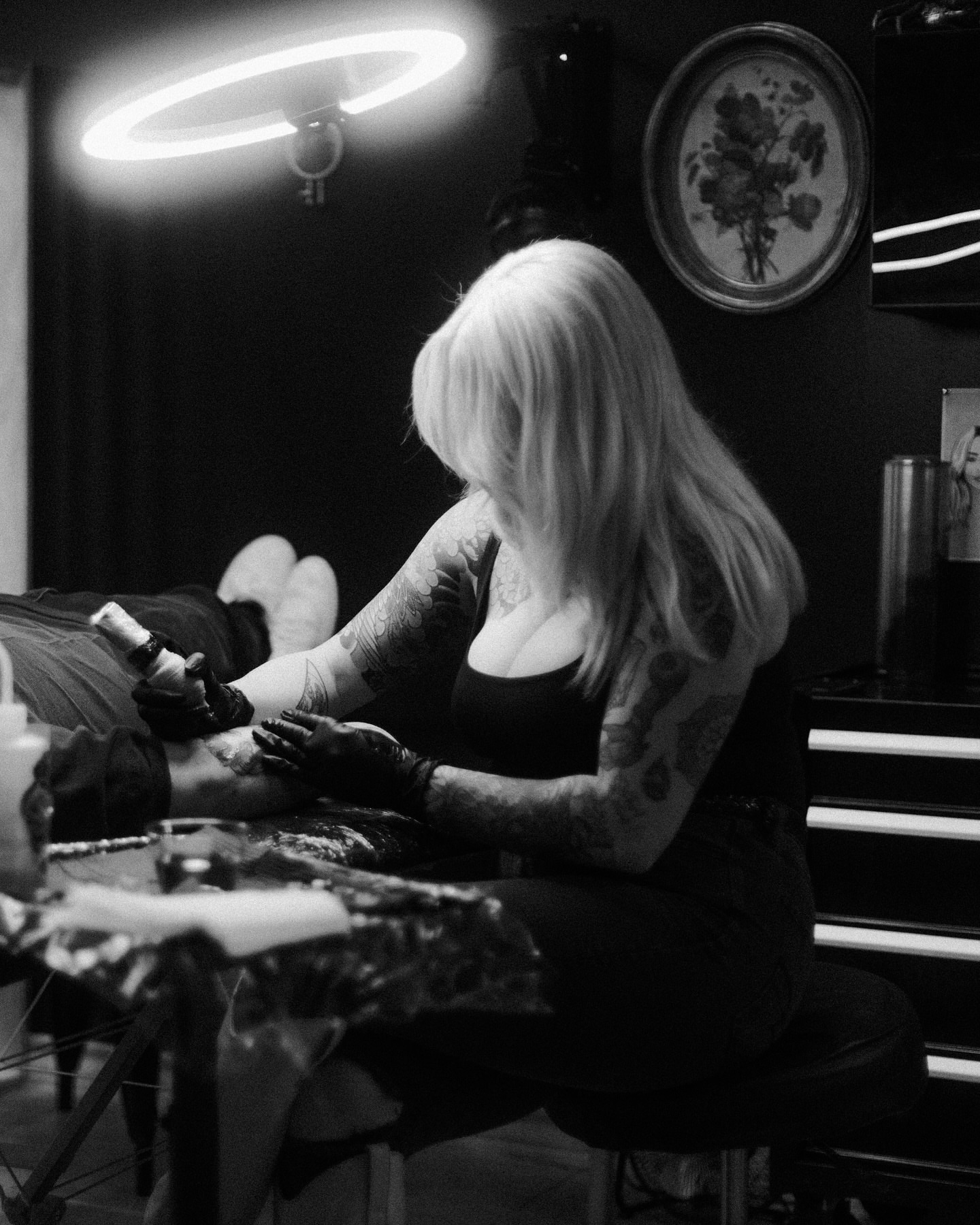 Tattoo artist black and grey tattoo on the leg by K9