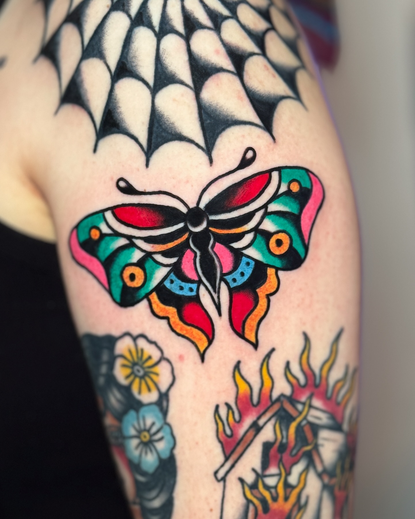 Butterfly American traditional tattoo on the forearm by οΌππ¨ππ¨οΌ, New York, New York
