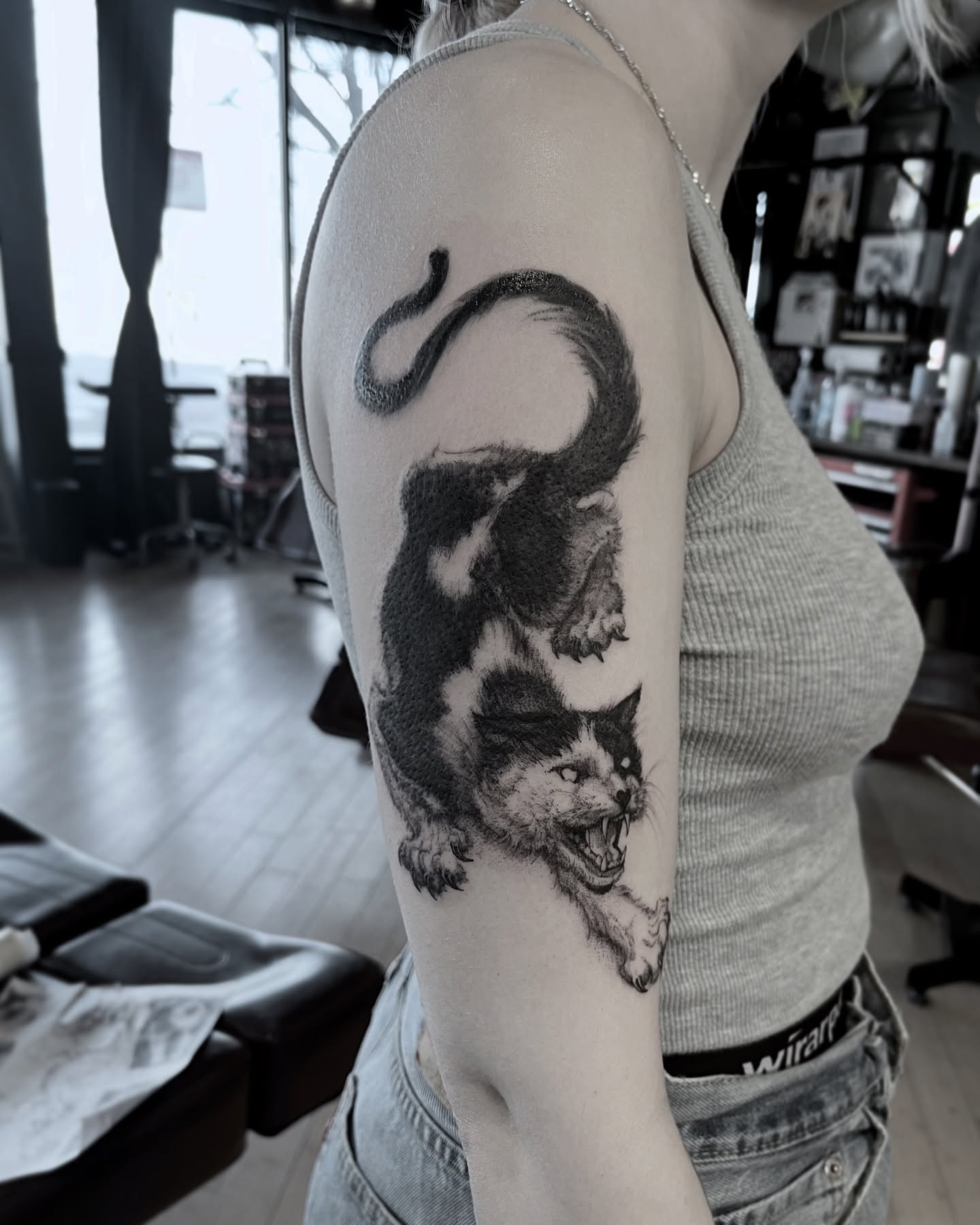 Angry cat realism tattoo on the upper arm by Sarah Spread