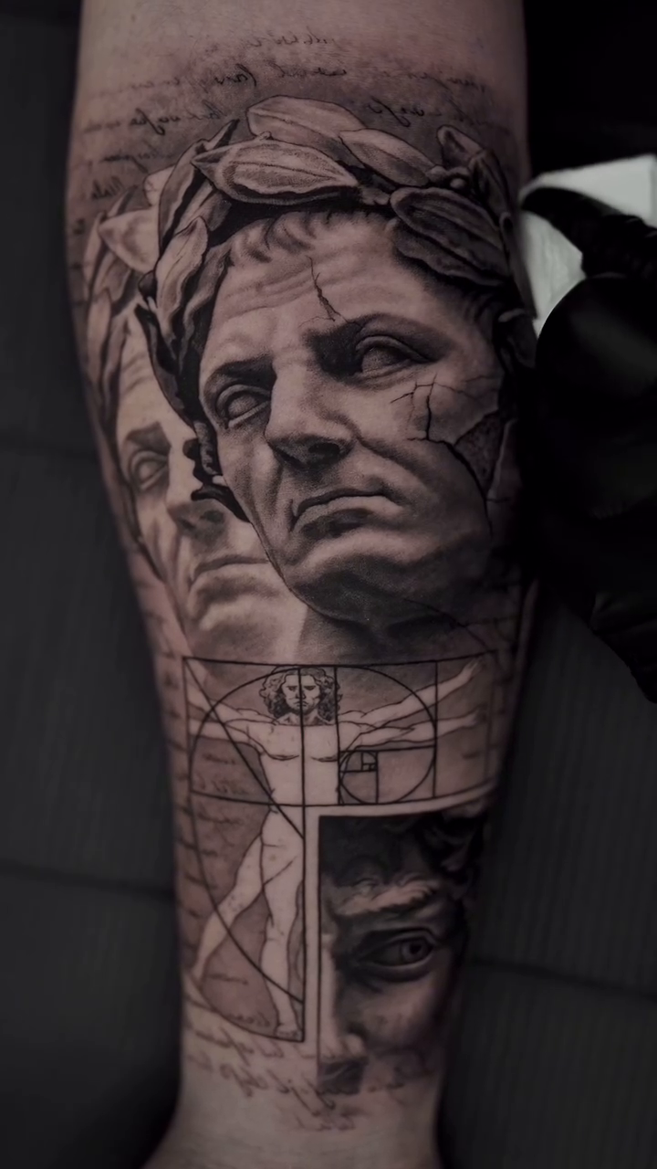 Bust of roman emperor and fibonacci spiral realism tattoo by Jesus Alonso