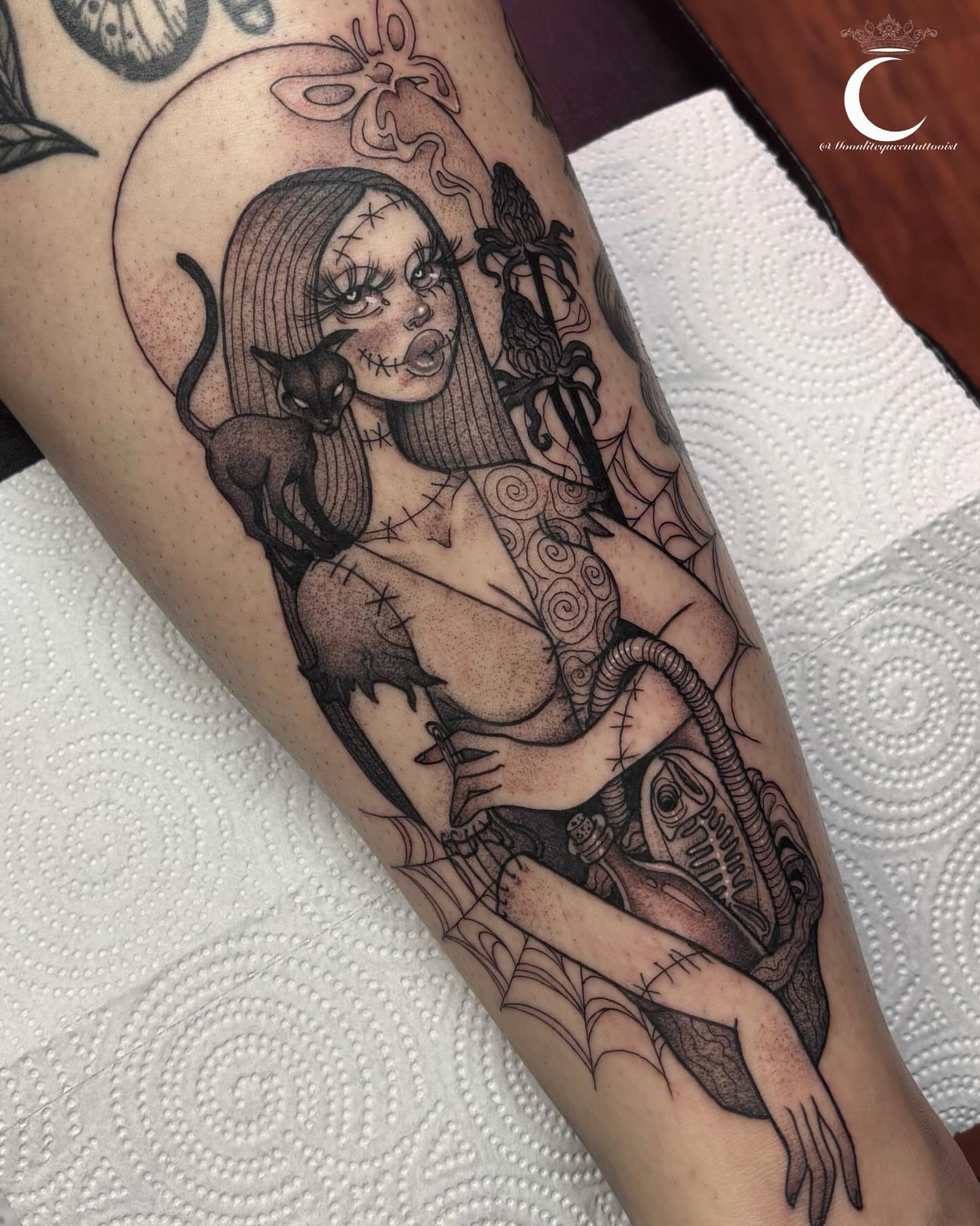 Tattoo by @moonlitequeentattooist — black_and_grey, dark_realism