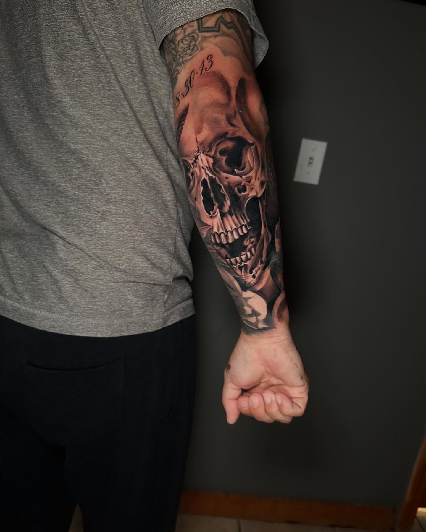 Skull realism tattoo on the forearm by T, Saugus, Massachusetts