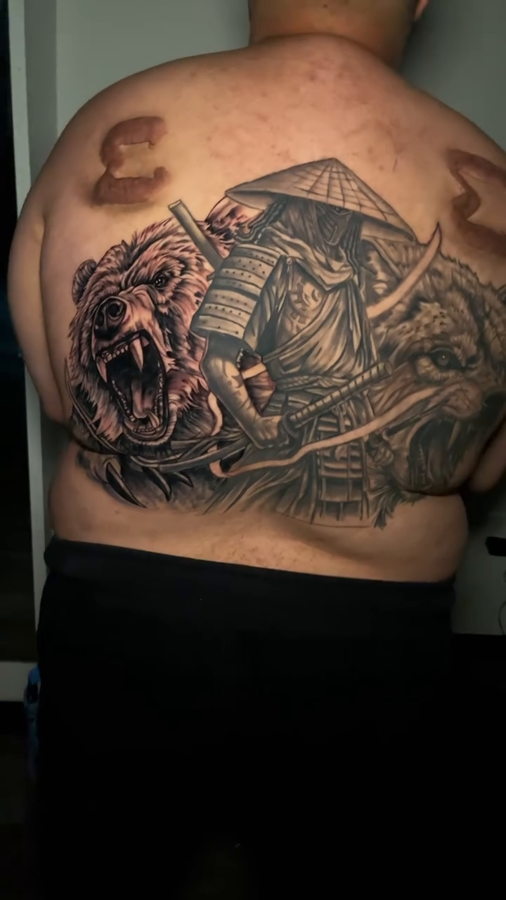 Samurai bear and wolf realism tattoo by Lucky Lefty