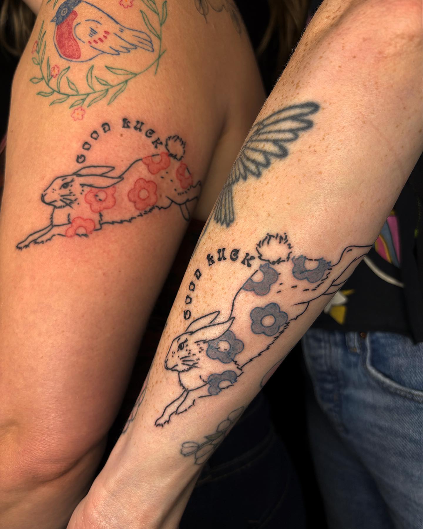 Hopping rabbit American traditional tattoo on the forearm by Brii Moser