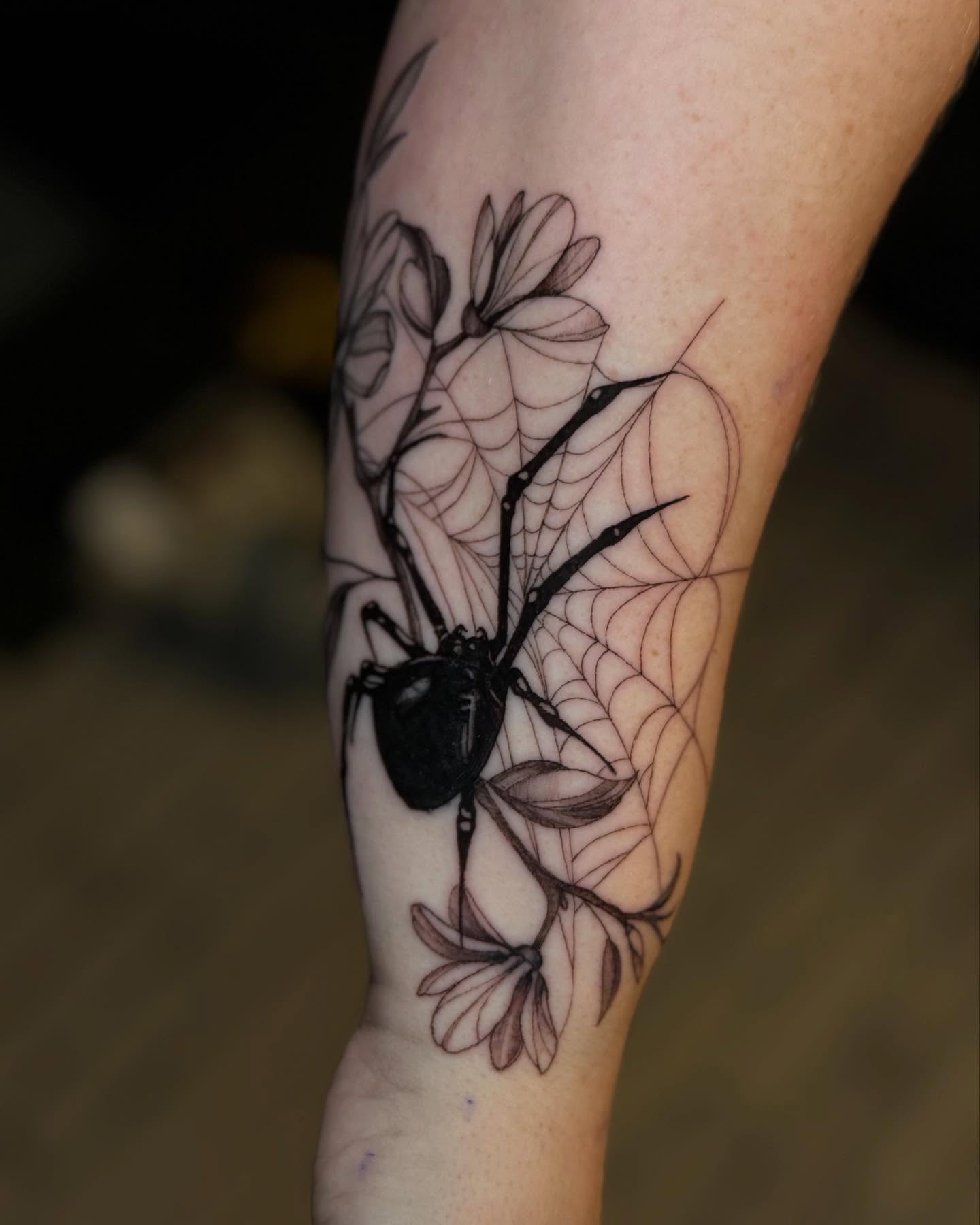 Spider and flowers realism tattoo on the forearm by ❀ Moo, Mount Laurel, New Jersey