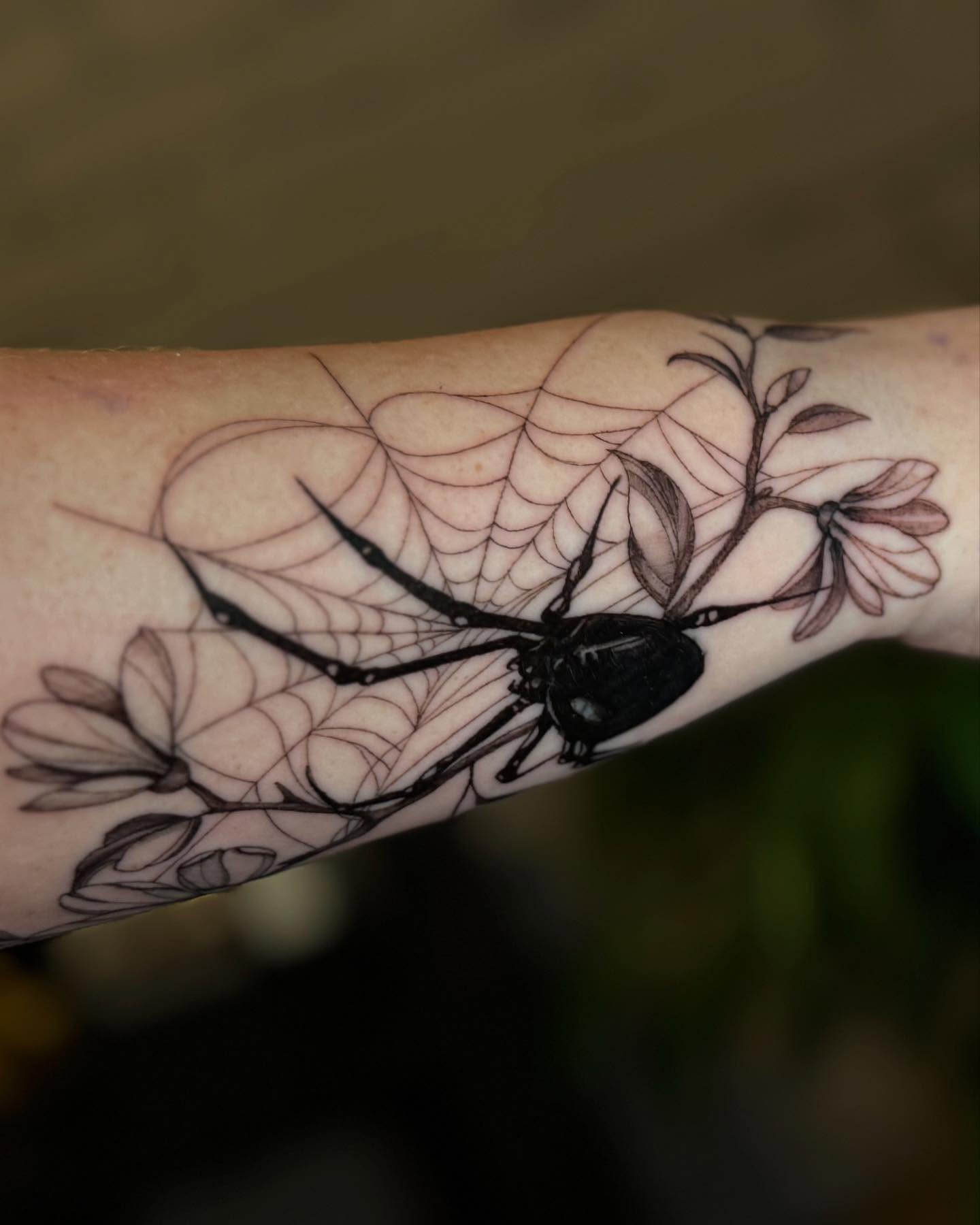 Spider and web realism tattoo on the forearm by ❀ Moo, Mount Laurel, New Jersey