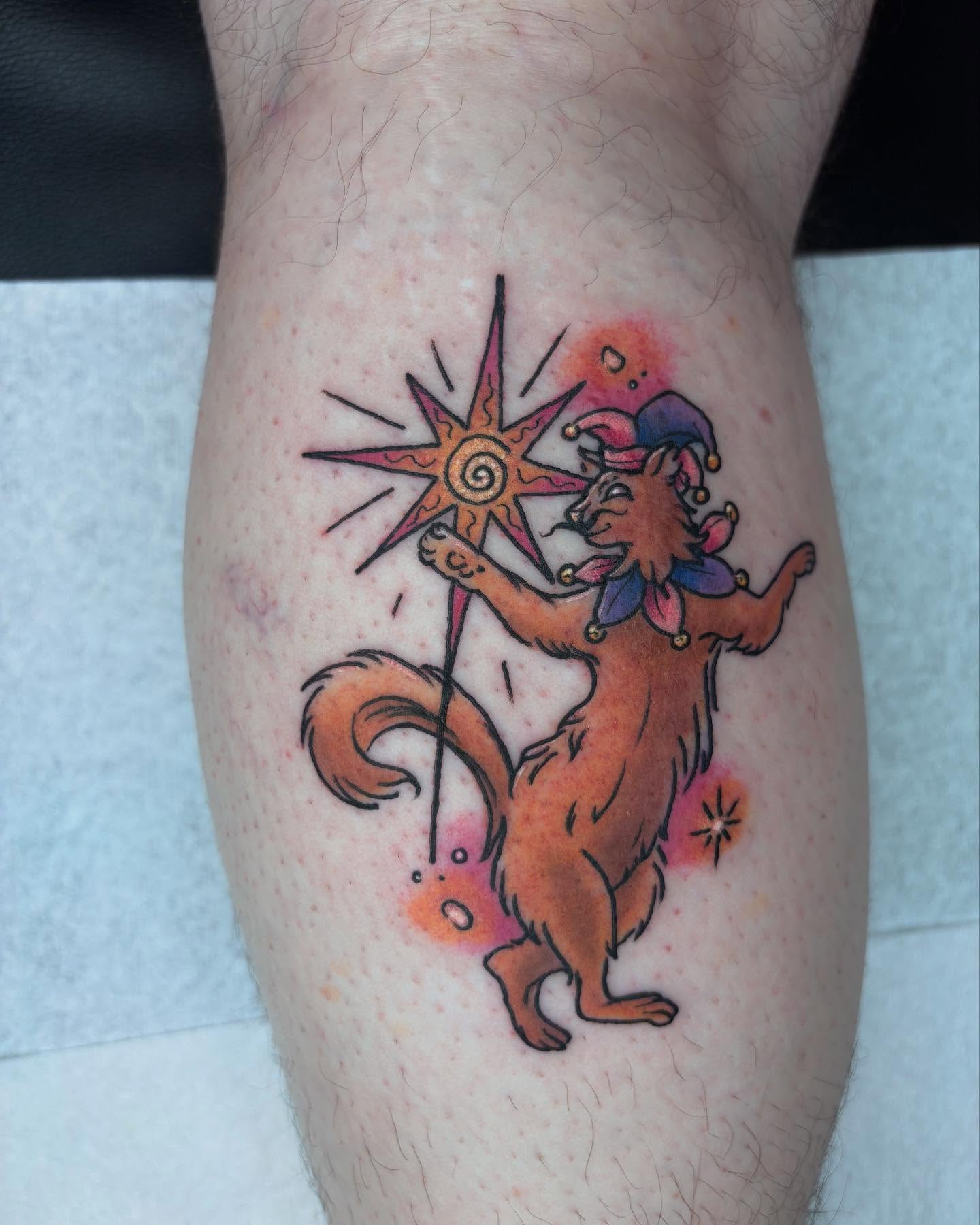 Fox jester new school tattoo on the leg by π»πΈπ½π½, Ypsilanti, Michigan