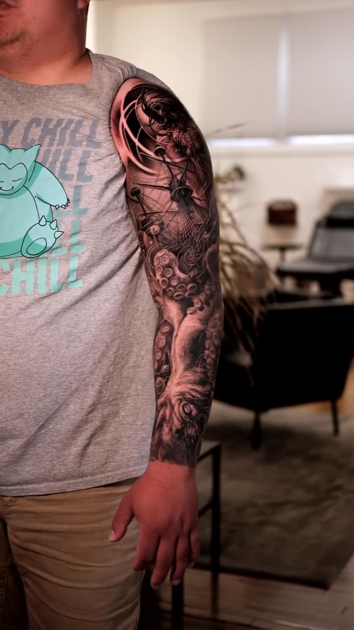 Kraken attacking a ship realism tattoo by Christopher Powell
