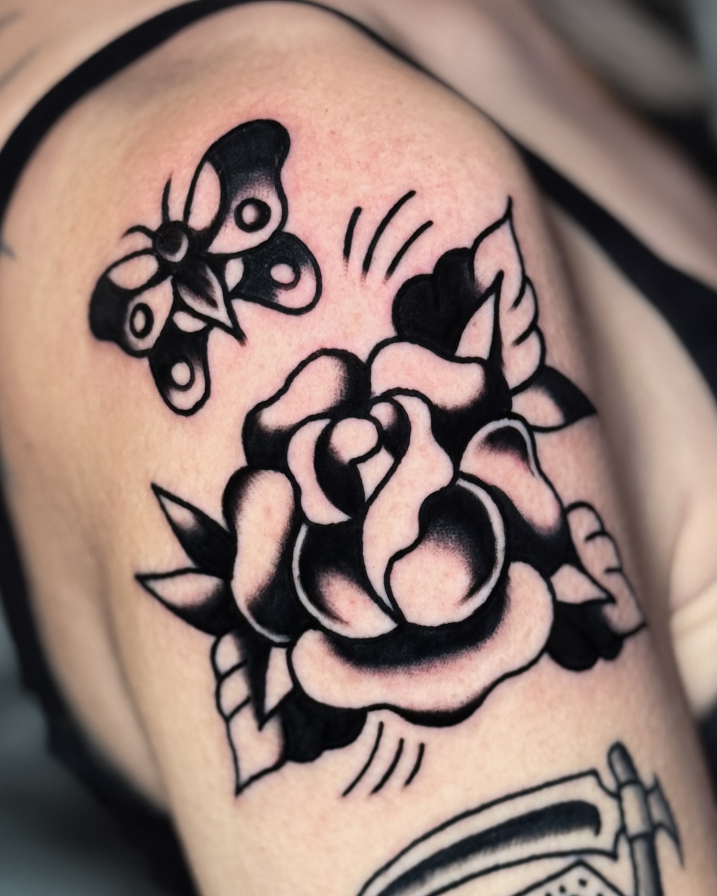 Rose and moth American traditional tattoo on the shoulder by οΌππ¨ππ¨οΌ, New York, New York