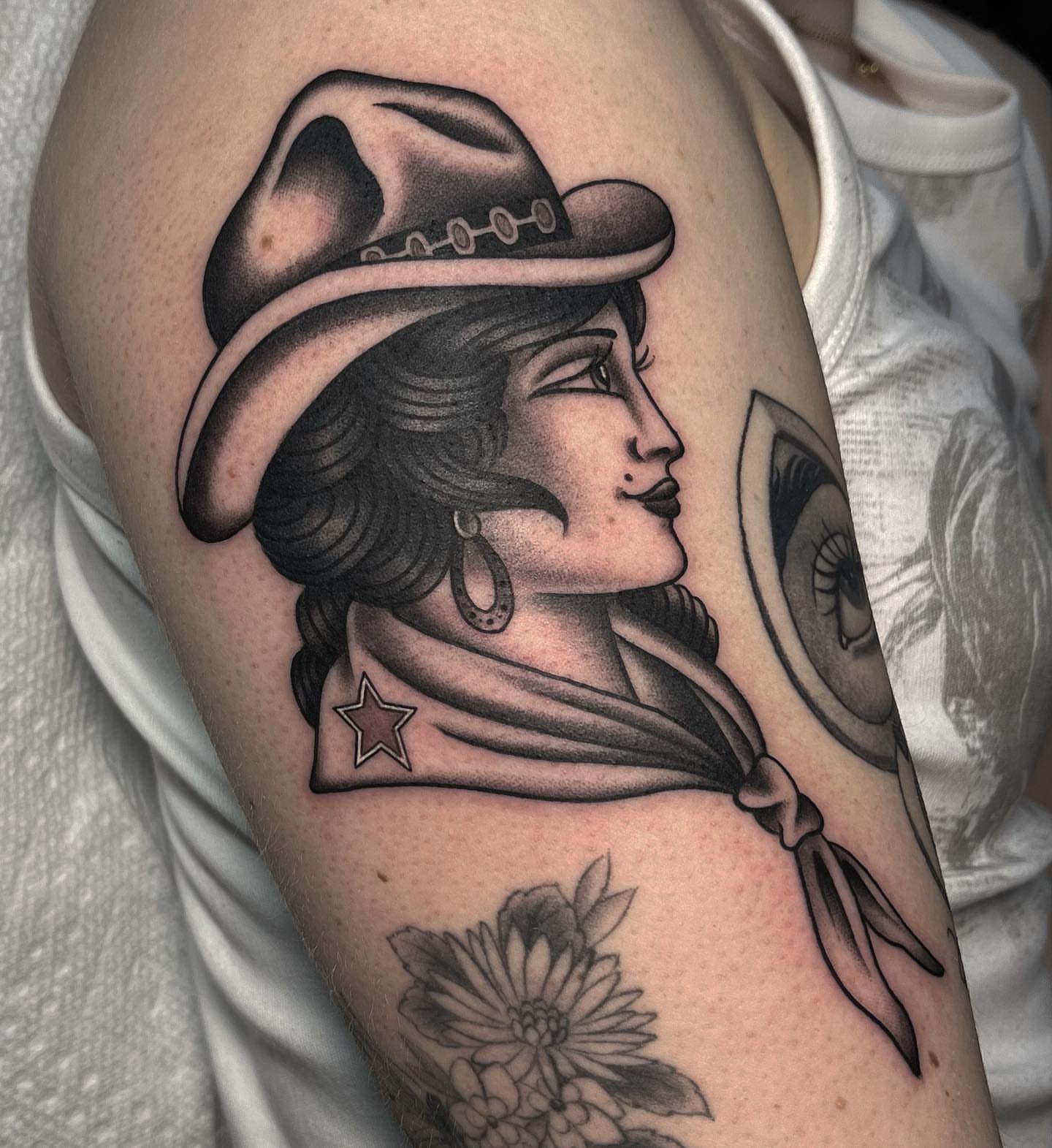 Cowgirl portrait American traditional tattoo on the forearm by Kayla Faircloth, Charlotte, North Carolina