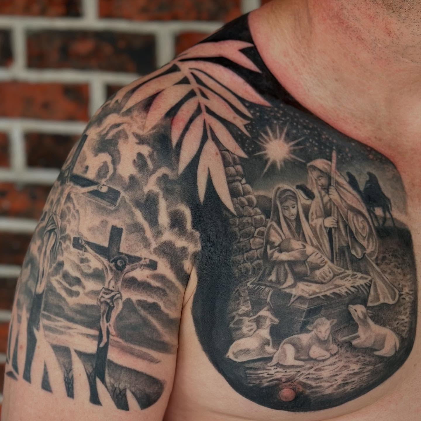 Nativity scene realism tattoo on the shoulder by Abigail Townsend
