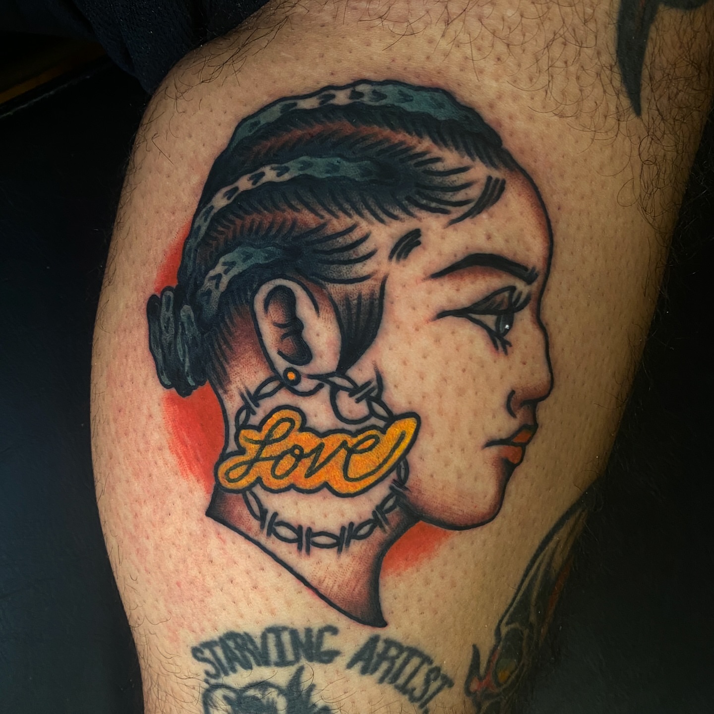 Portrait American traditional tattoo on the thigh by Marcos🇩🇴