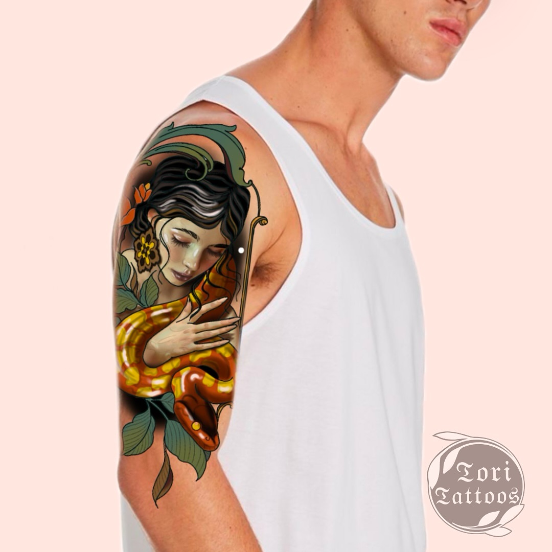 Woman with snake American traditional tattoo on the upper arm by Tori Bent