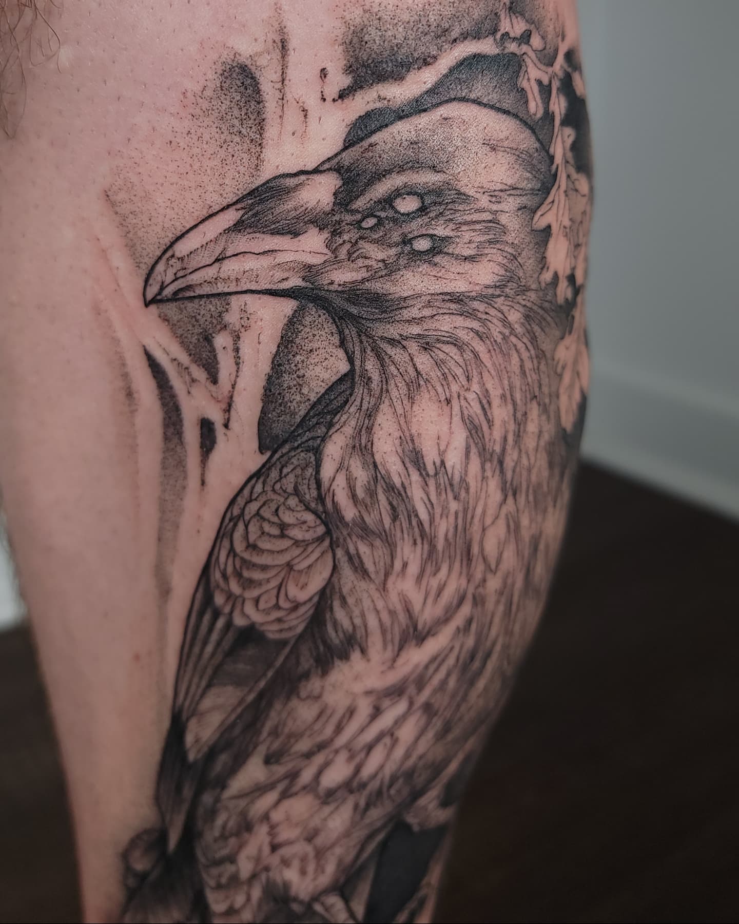 Crow dotwork tattoo on the thigh by Ghost