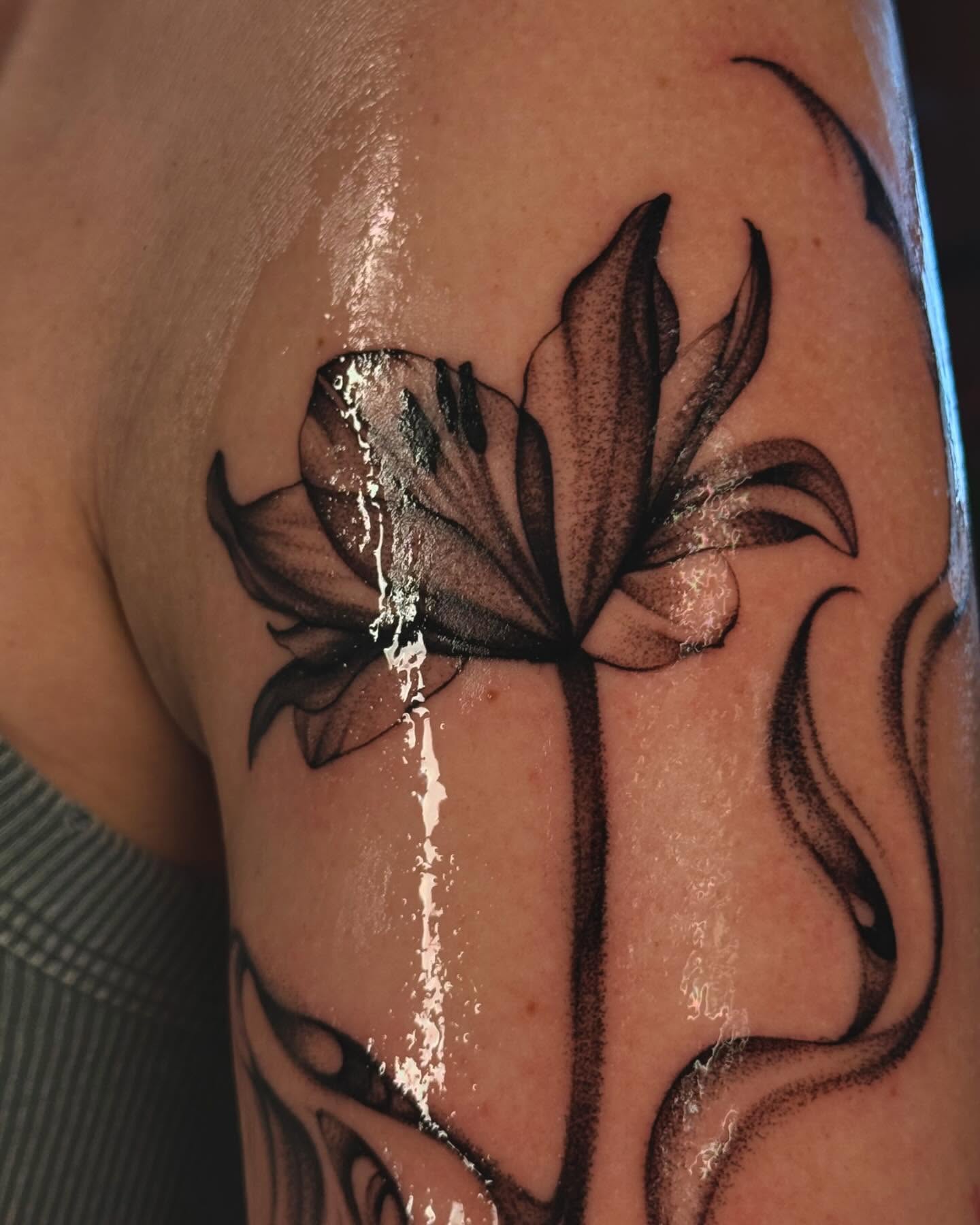 Lotus flower dotwork tattoo on the shoulder by laura baldwin