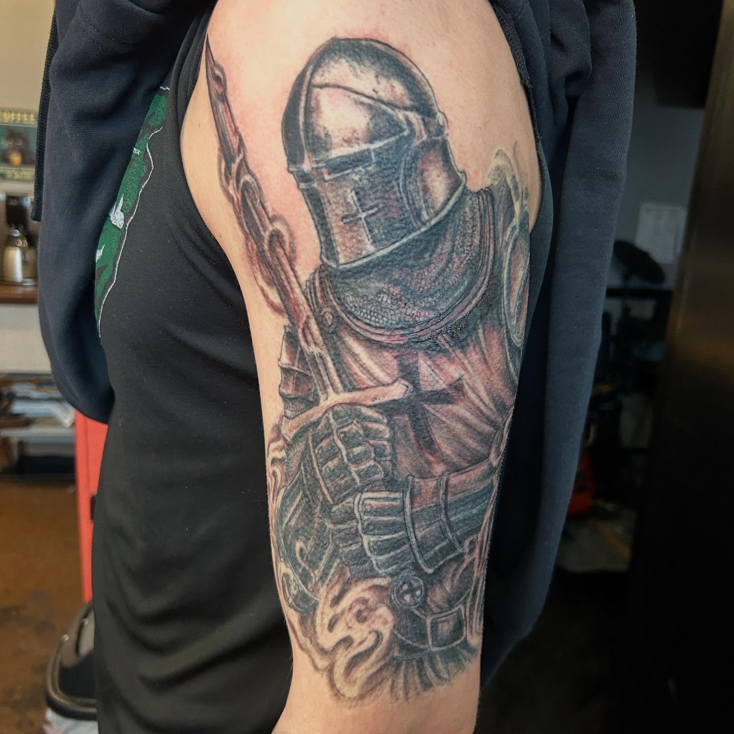 Astronaut realism tattoo on the thigh by B Hendrix, Cuyahoga Falls, Ohio